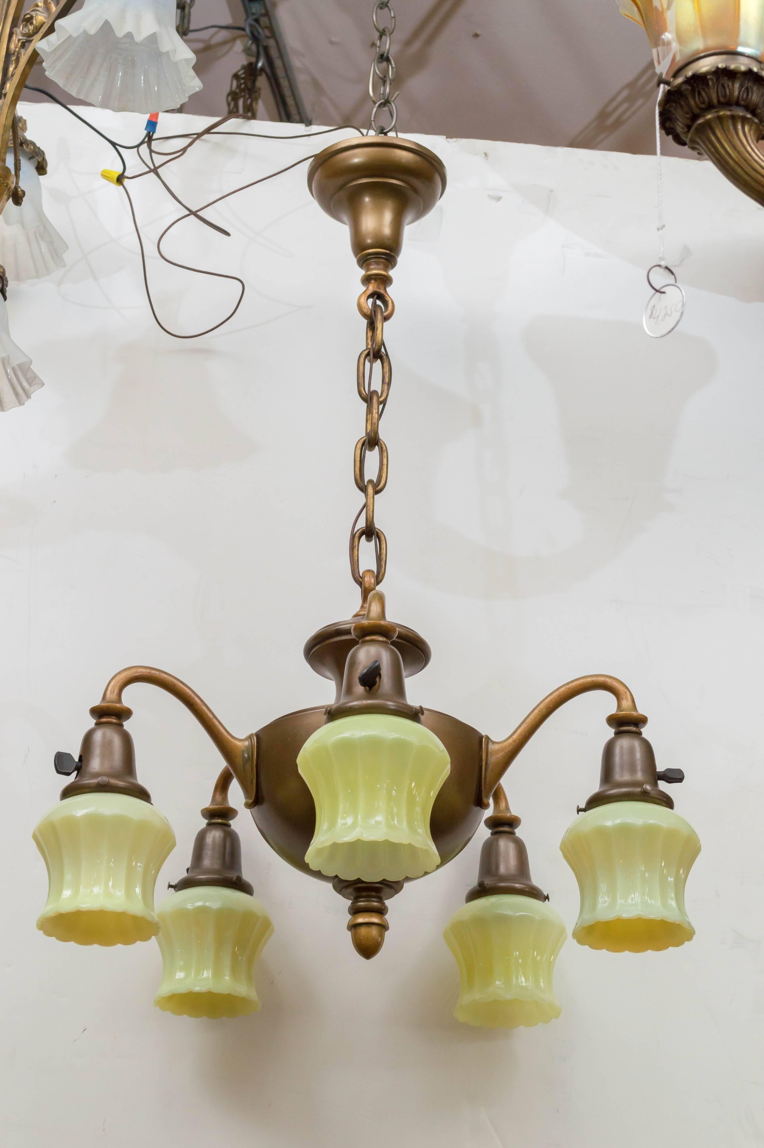 Arts and Crafts Five-Arm Chandelier with Original Custard Glass Shades