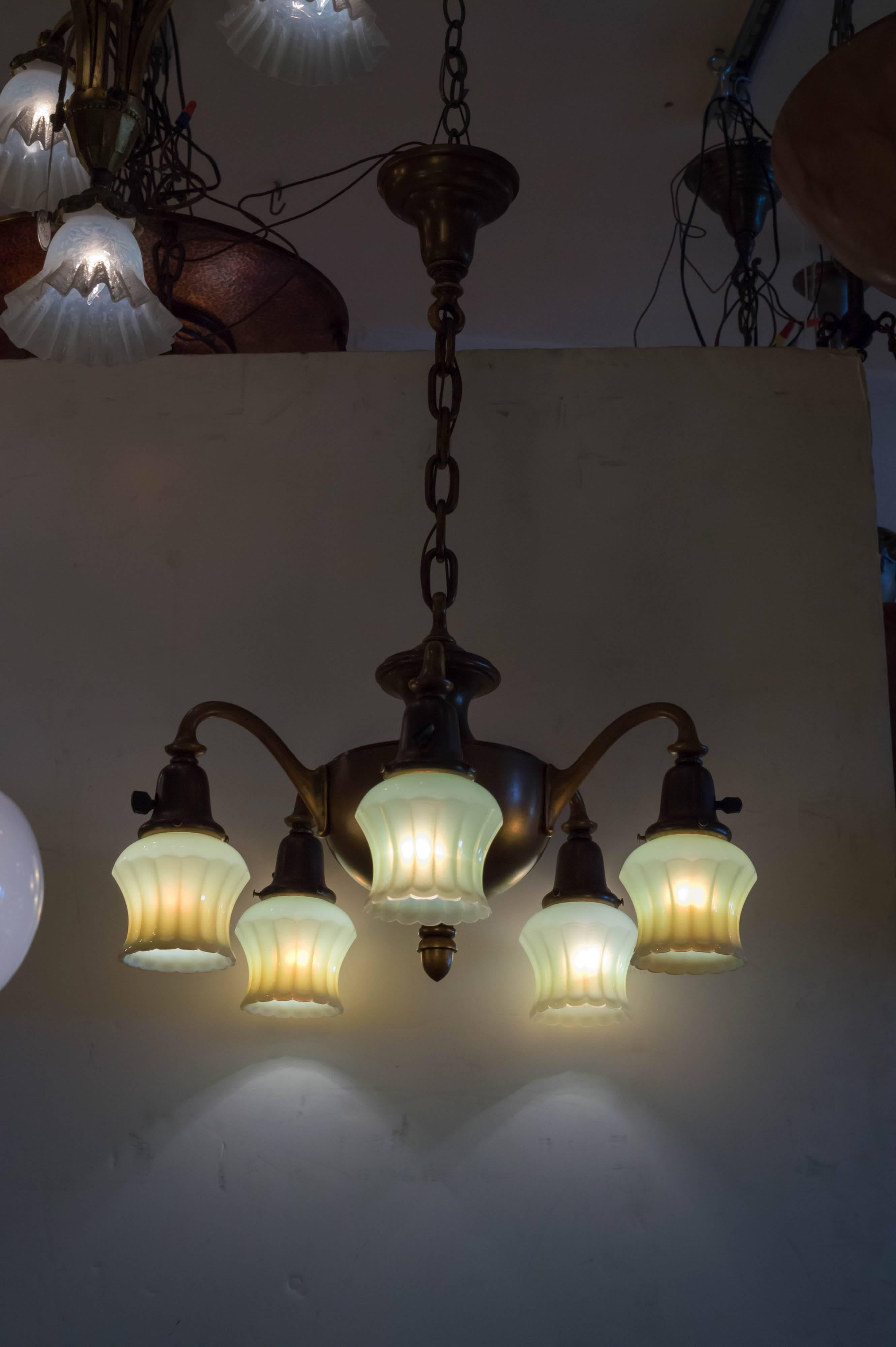 Hand-Crafted Five-Arm Chandelier with Original Custard Glass Shades