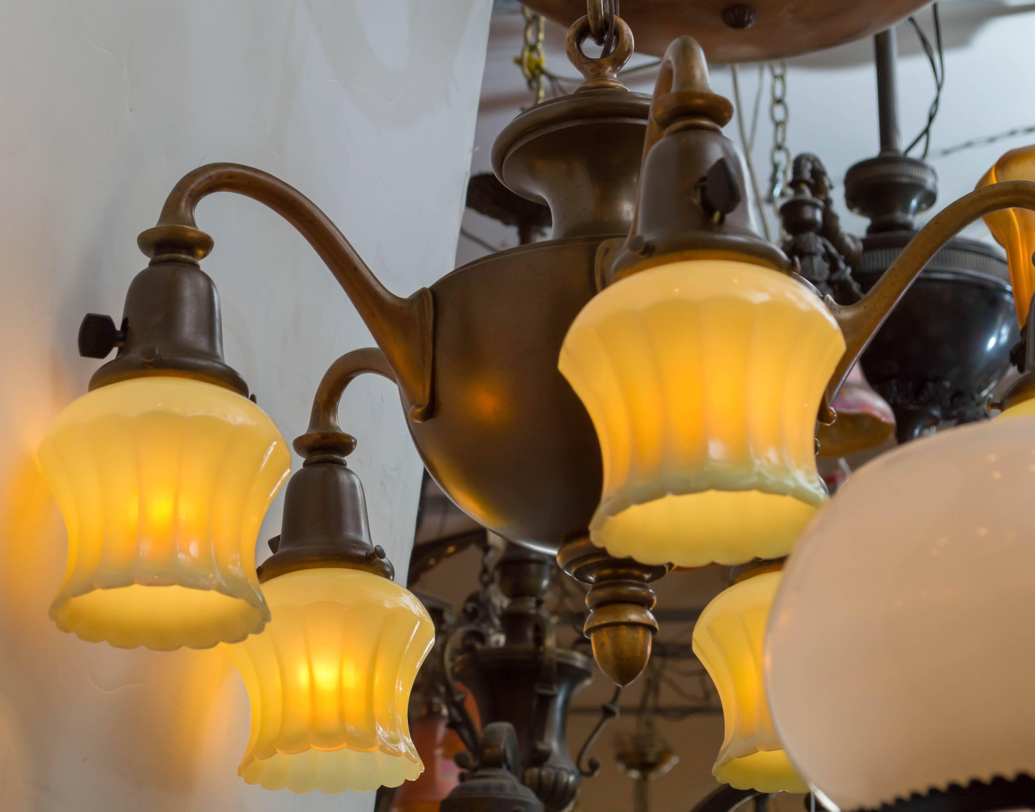 20th Century Five-Arm Chandelier with Original Custard Glass Shades