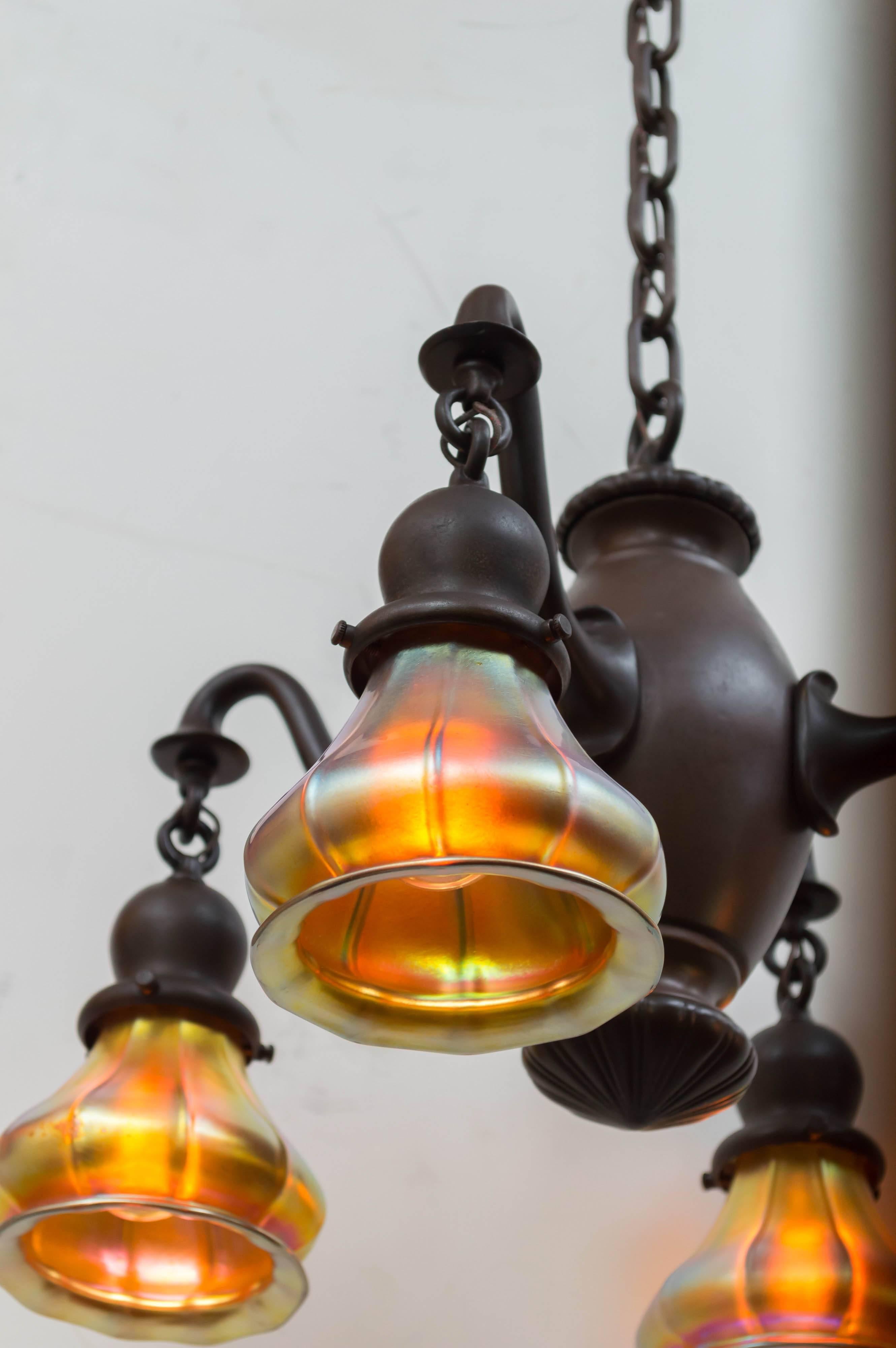 American Four-Arm Chandelier with Art Glass Shades