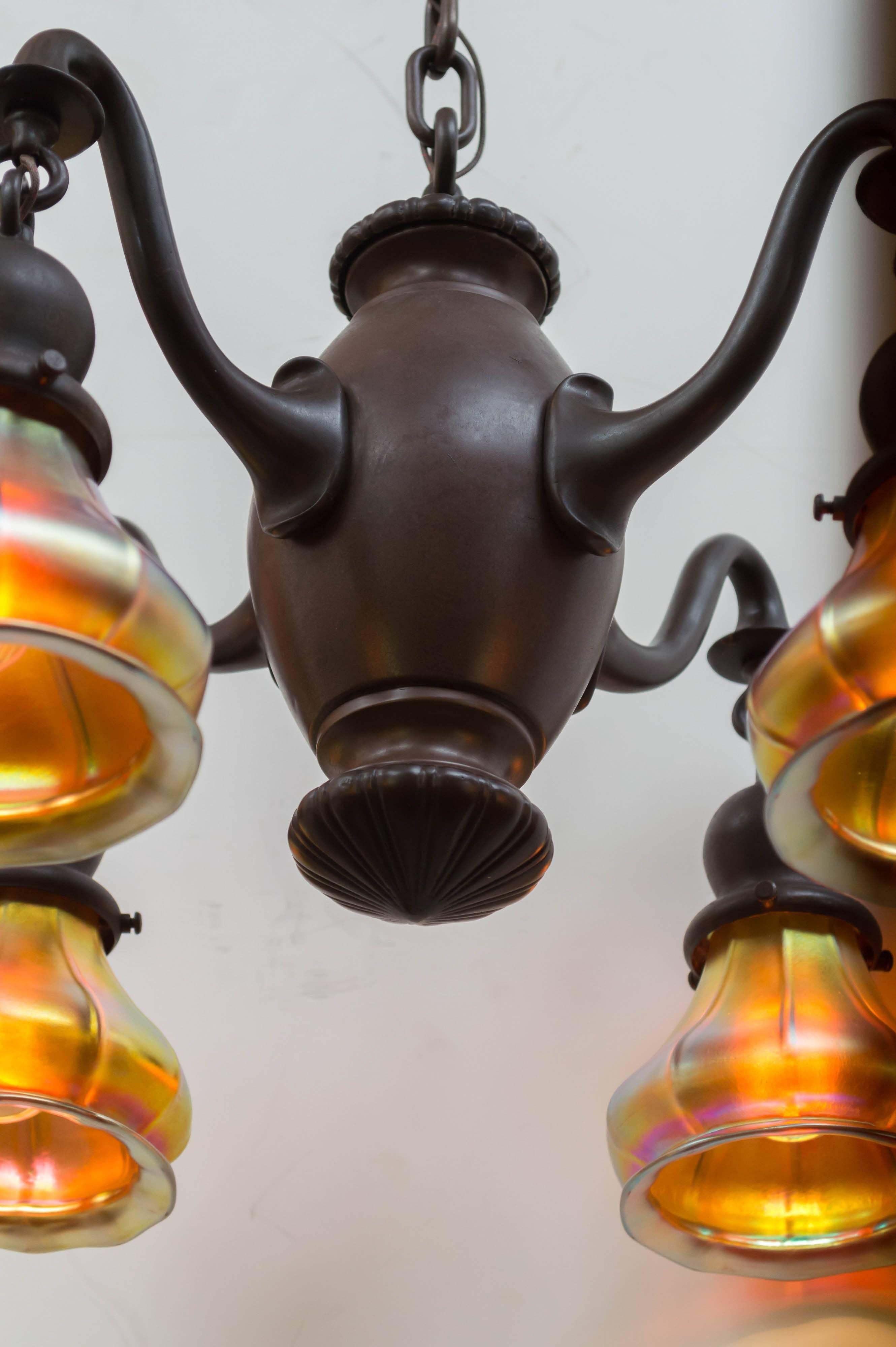 Four-Arm Chandelier with Art Glass Shades In Excellent Condition In Petaluma, CA
