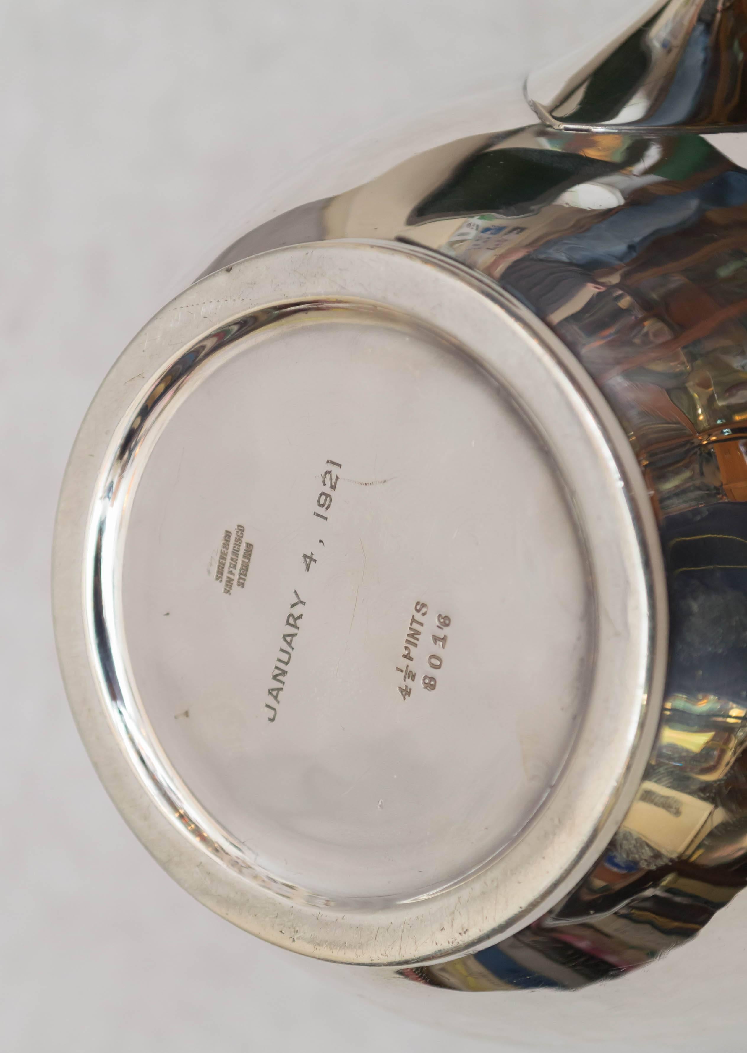 Hand-Crafted Sterling Silver Pitcher, Shreve & Co. San Francisco, Dated Jan 4, 1921