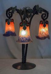 French Art Deco/Nouveau Wrought Iron Three-Arm Lamp with Signed Shades