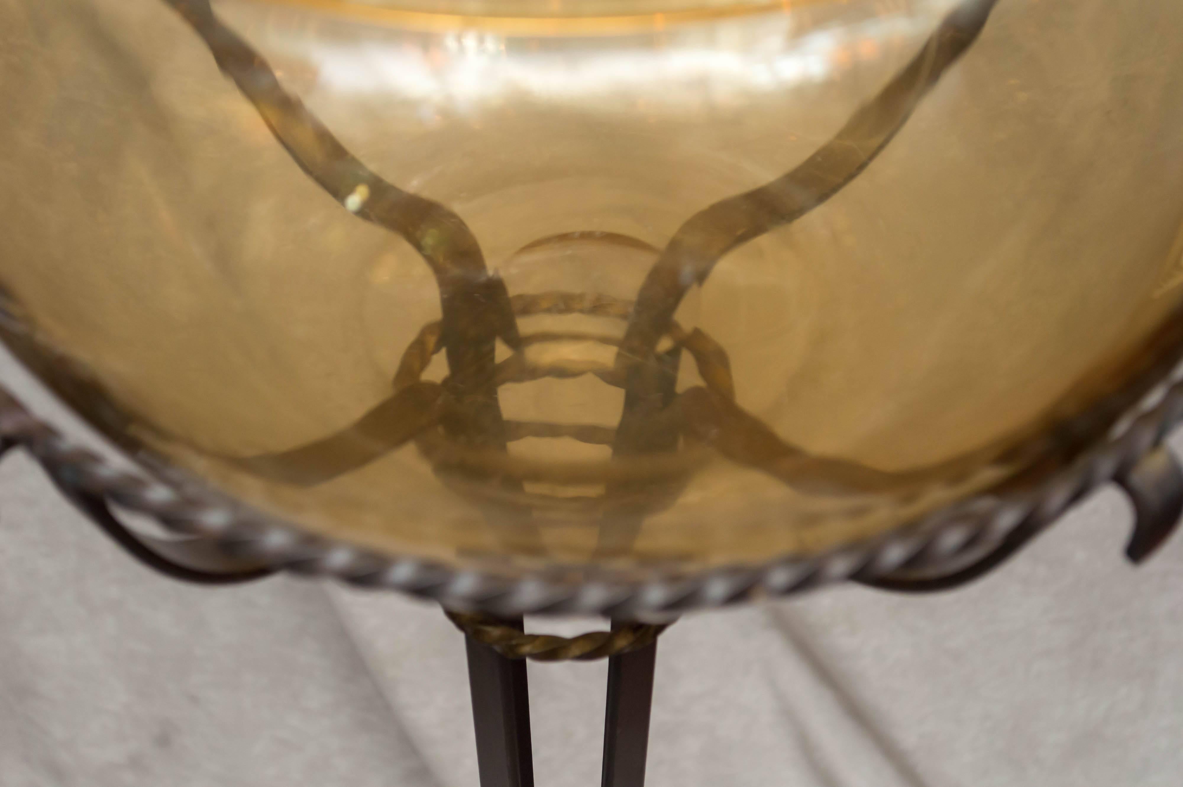 Wrought Iron & Hand Blown Glass Fish Bowl In Excellent Condition In Petaluma, CA