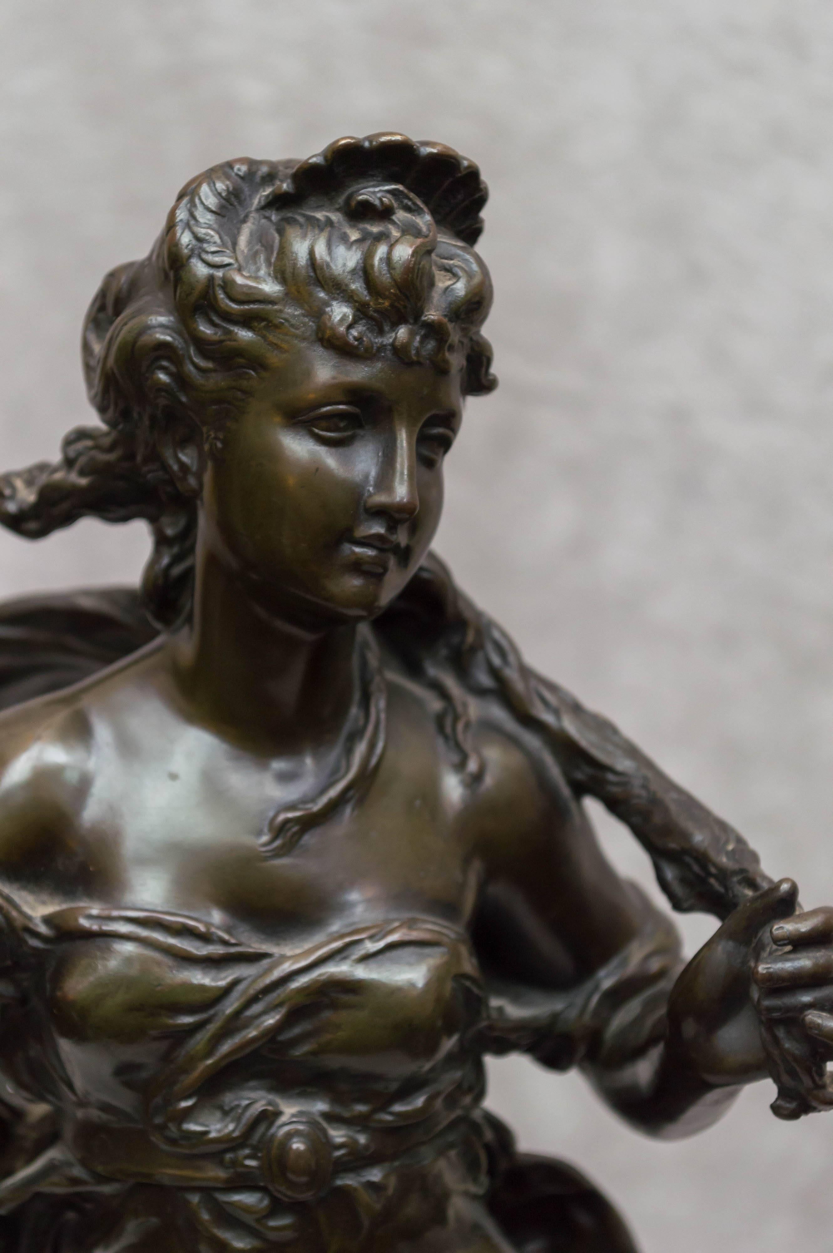 Beautiful bronze of Salacia who after much struggle got this exquisite maiden to marry him. This bronze is signed H. Moreau. Hippolyte Moreau was one of the great sculptors of a family of artists who worked in bronze. He was French and worked mainly