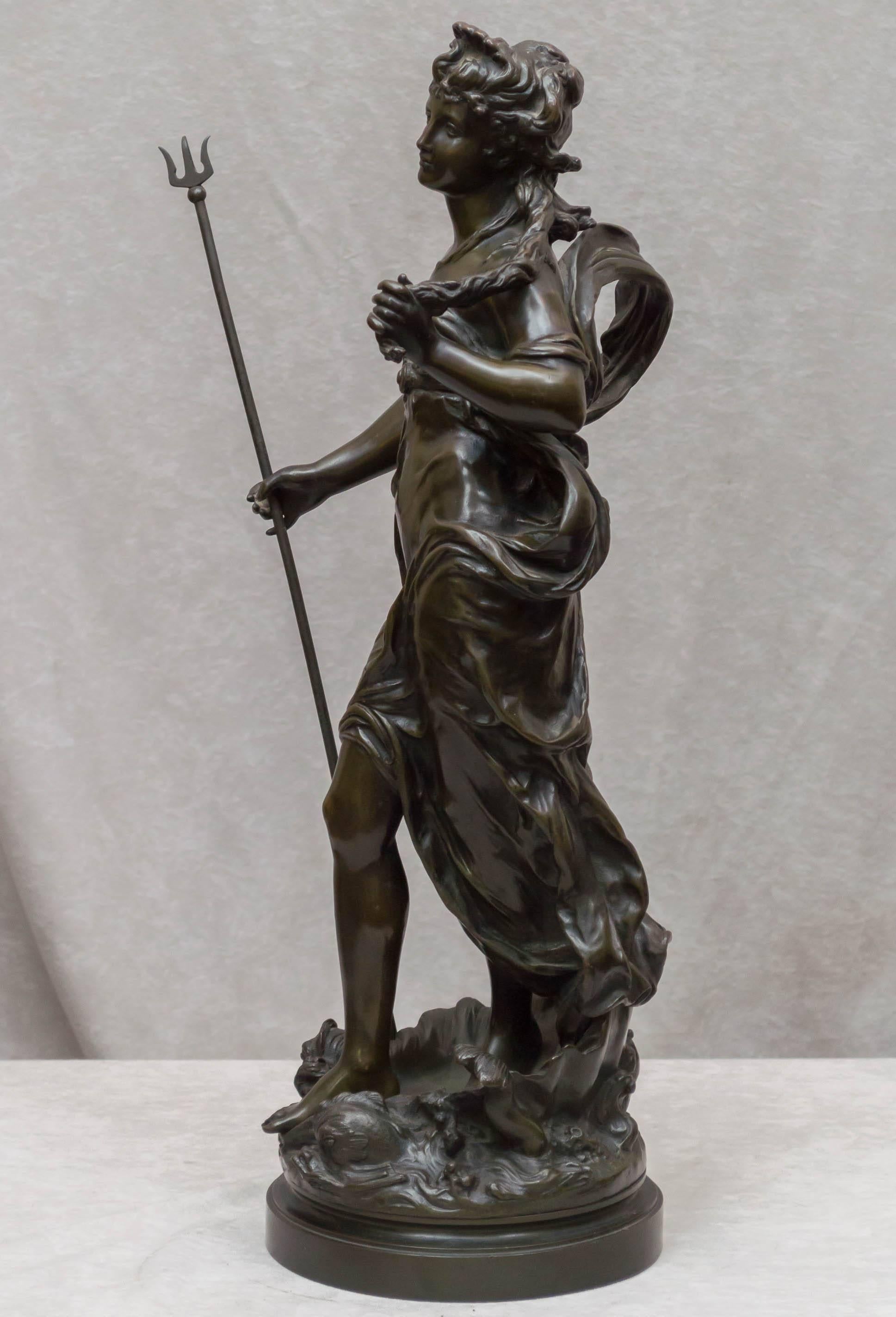 French Bronze Figure of Salacia, Who Was Neptune's Wife, Artist Signed