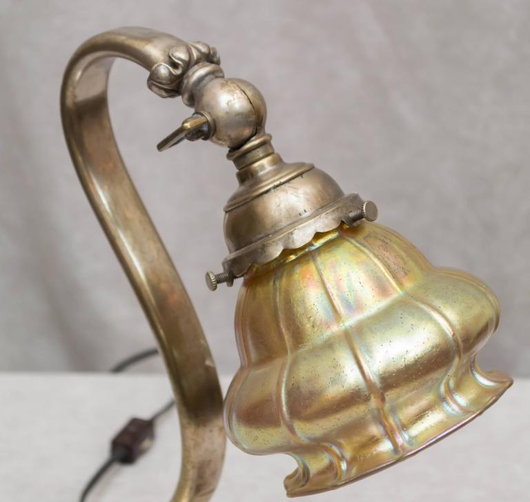Silvered Bronze Desk Lamp with Lions and Art Glass Shade at 1stDibs