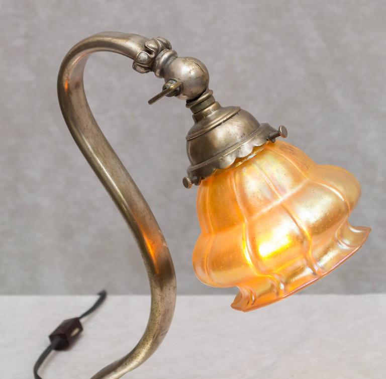 Silvered Bronze Desk Lamp with Lions and Art Glass Shade at 1stDibs