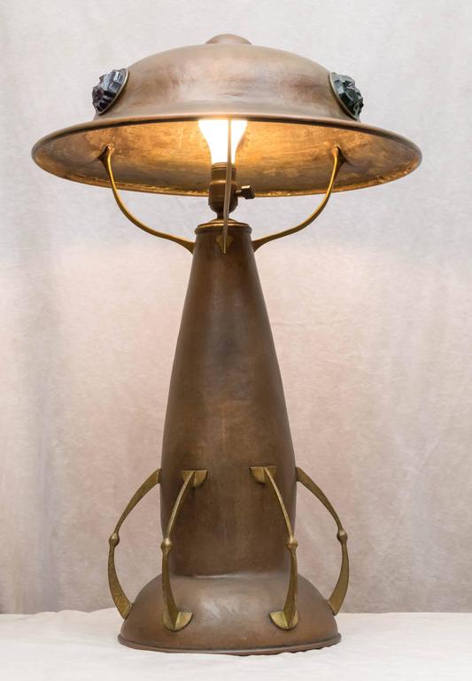 Monumental Austrian Arts and Crafts Hammered Copper Table Lamp at