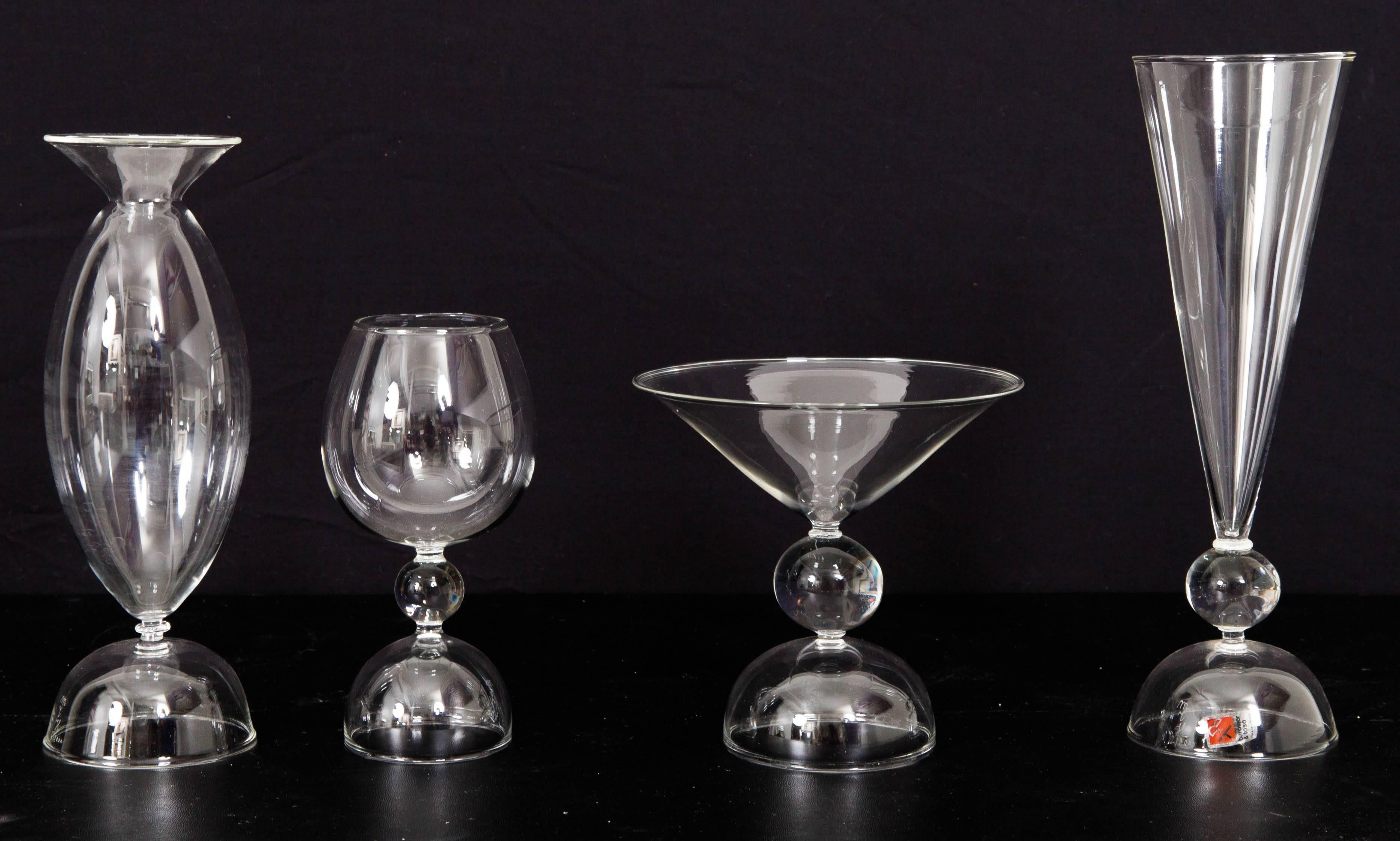 Matteo Thun, co founder of the Memphis Group, designed glassware manufactured by Barovier e Toso. All signed and numbered except martini glass. Blown glass martini 5 1/2inch; H x 5inch; W, champagne flute 9 1/2 inch; H x 3inch; W, goblet 6inch; H x