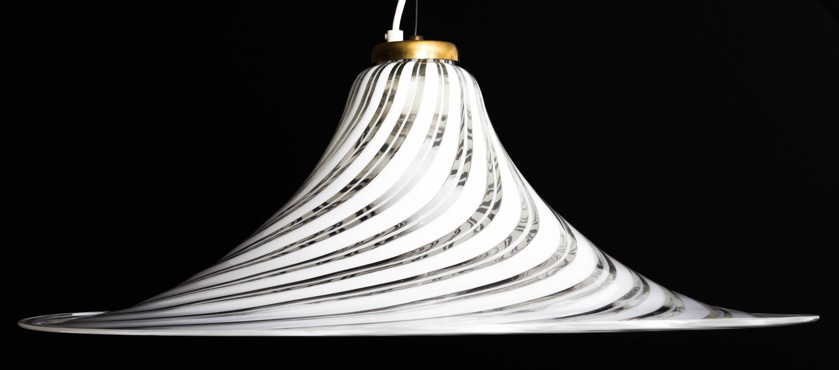 White swirl Murano glass bell shape hanging light.