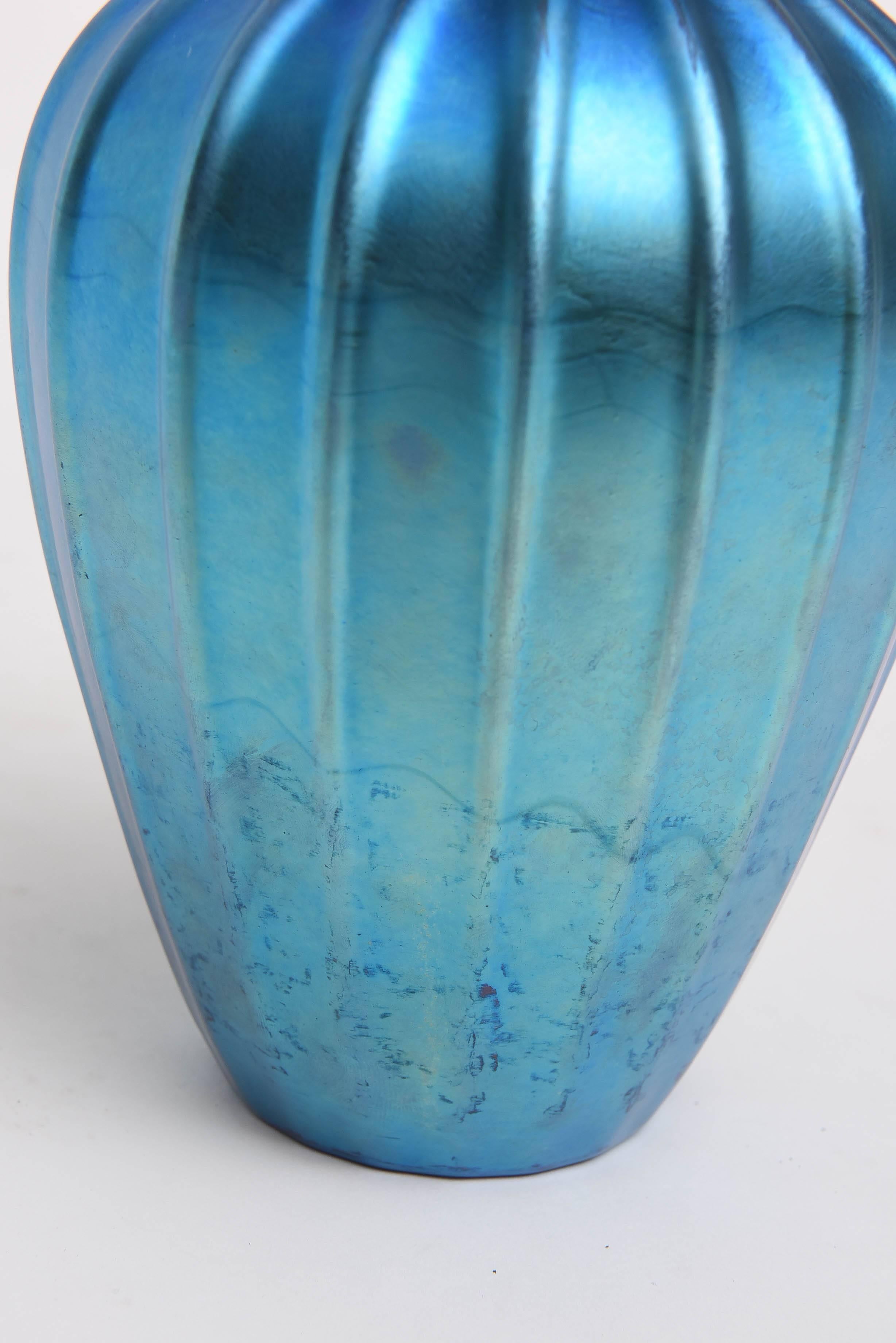 American Tiffany Studios Blue Favrile  Ribbed Vase