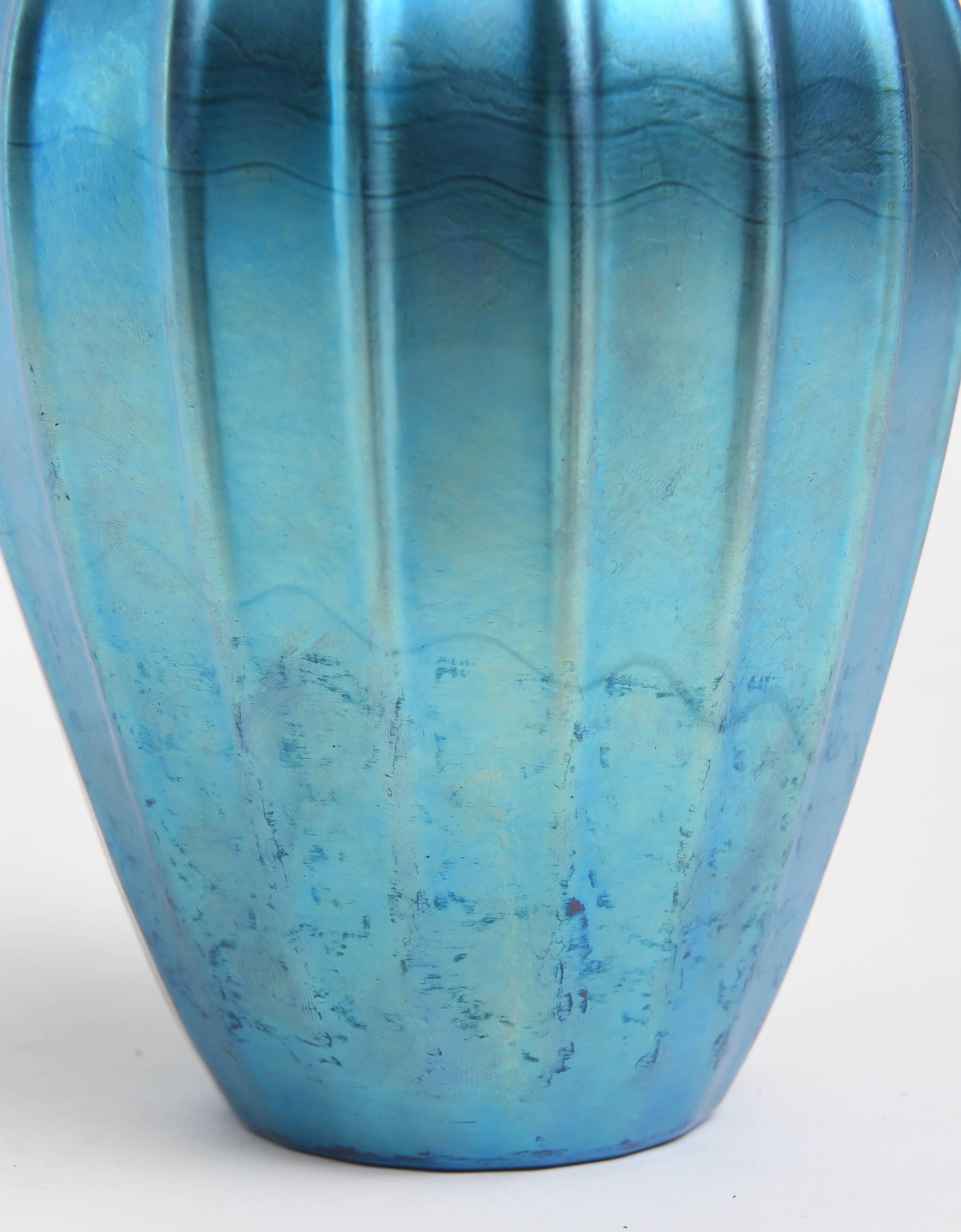 Early 20th Century Tiffany Studios Blue Favrile  Ribbed Vase