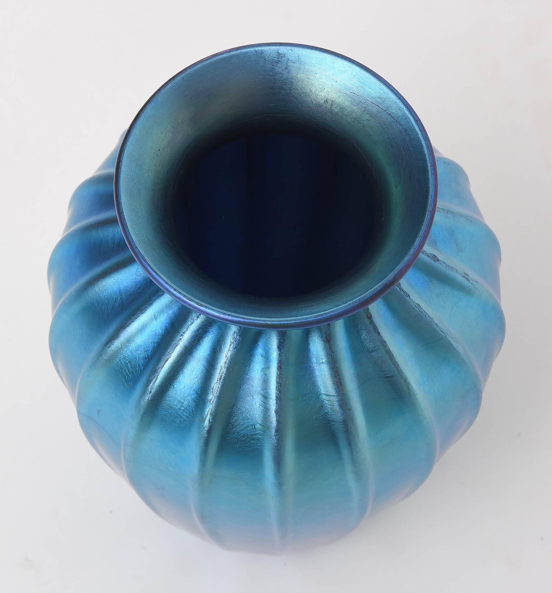 Glass Tiffany Studios Blue Favrile  Ribbed Vase