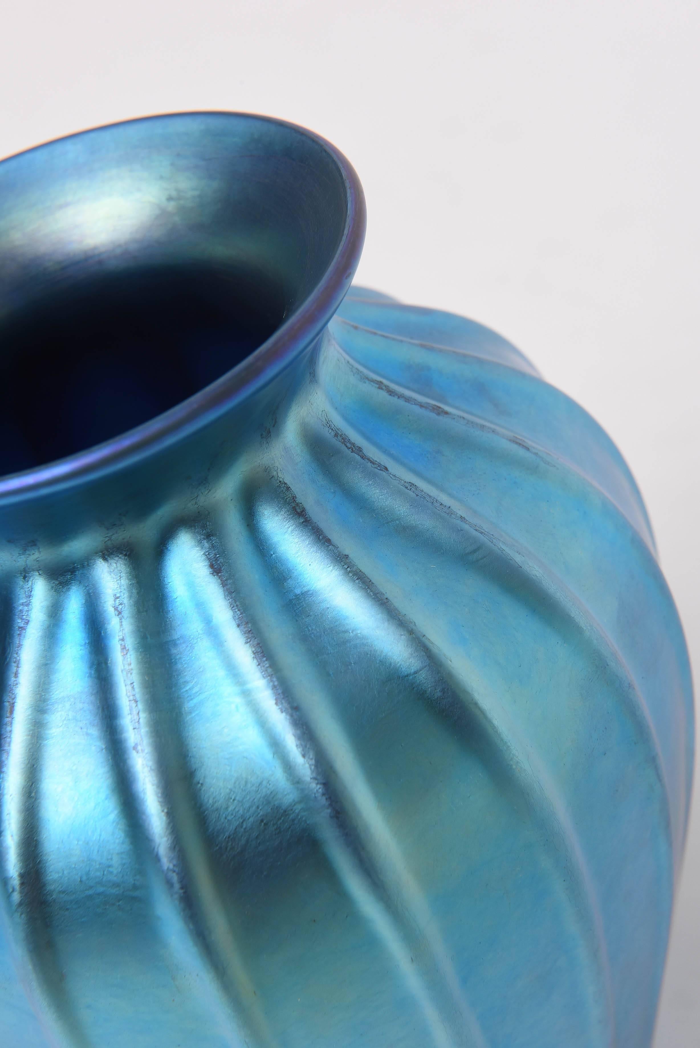 Tiffany Studios Blue Favrile  Ribbed Vase 1
