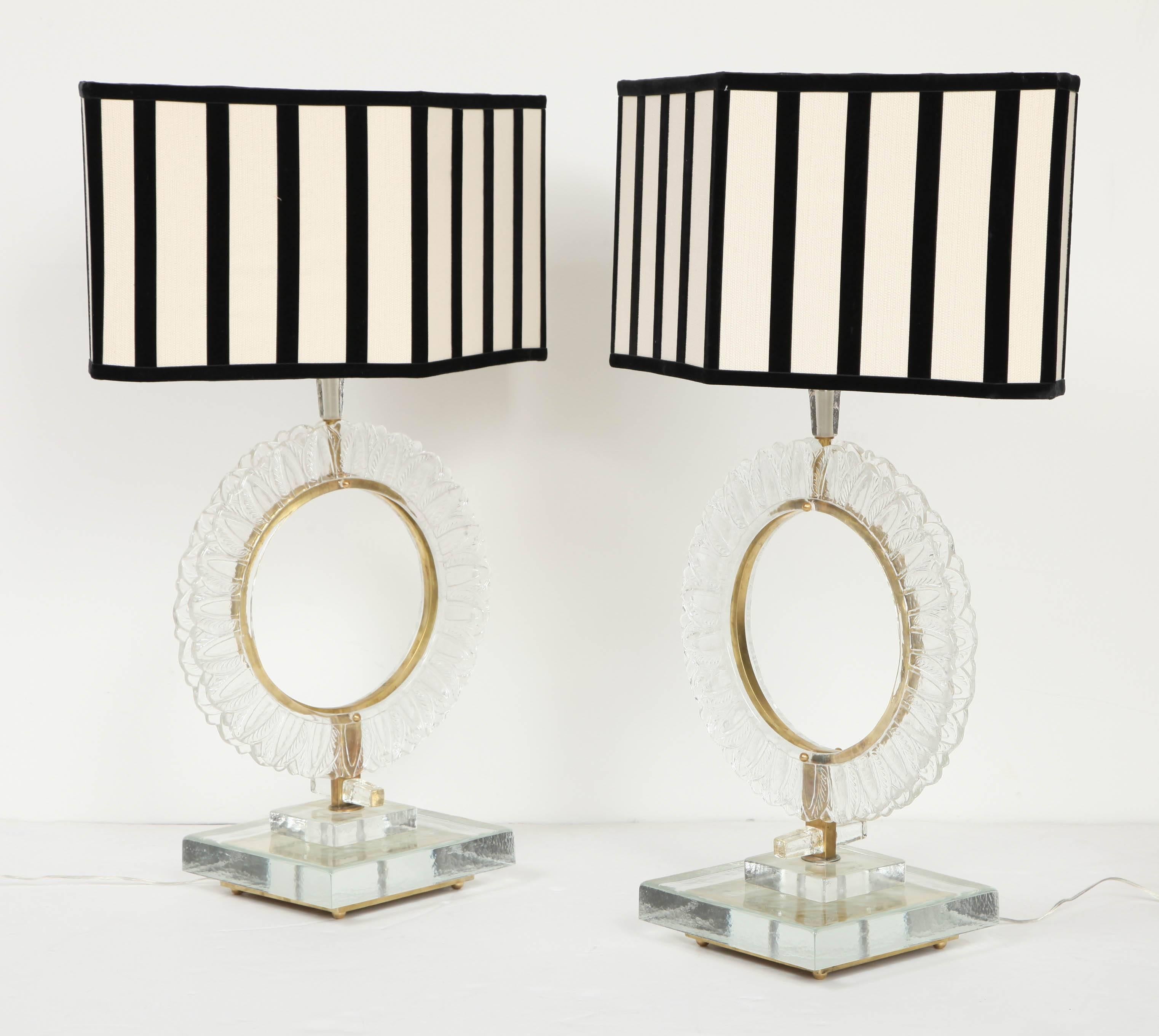 Mid-Century Modern Large Pair of Italian Murano Glass and Brass Lamps 