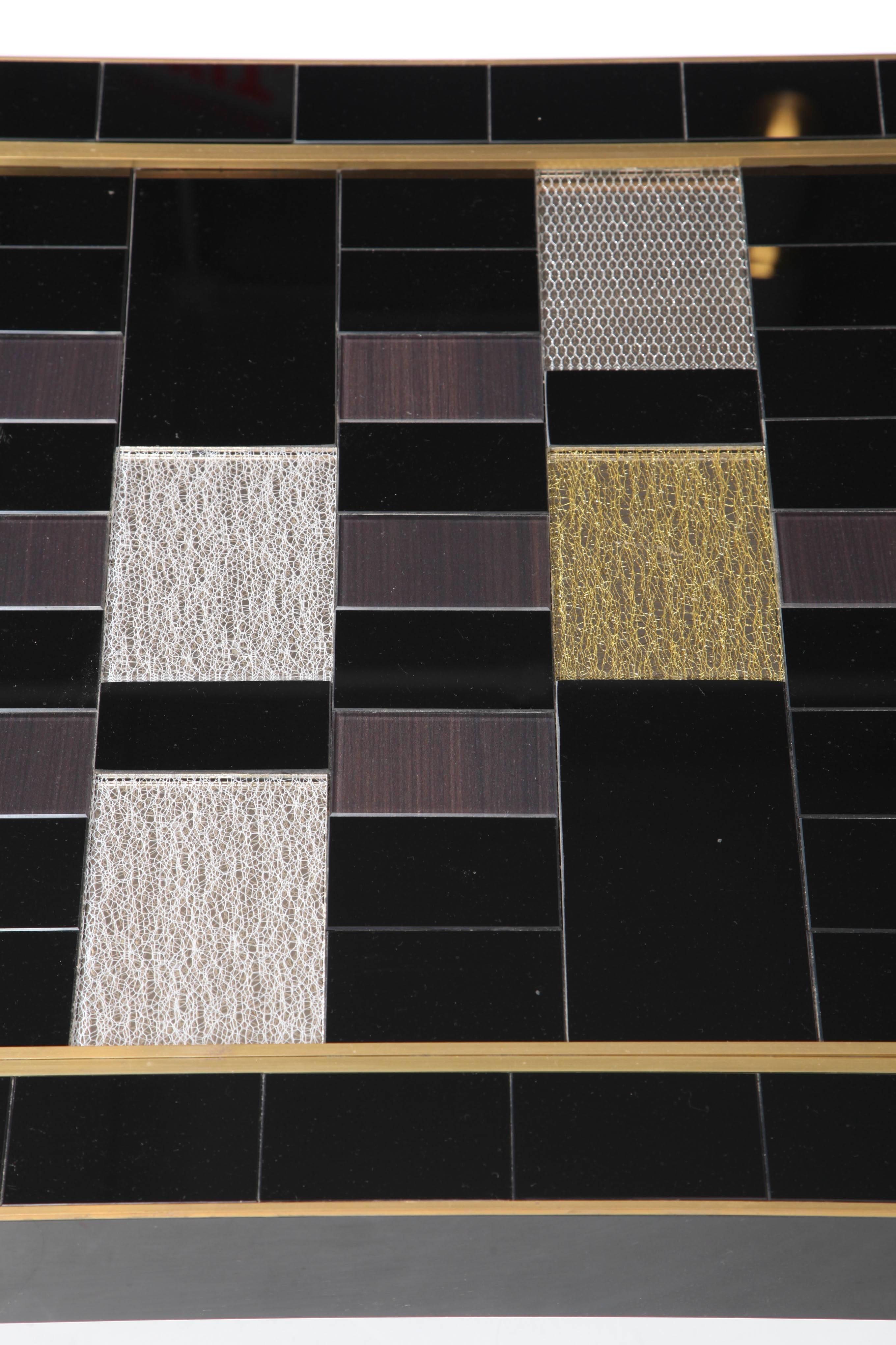 Hand-Crafted Custom Black, Silver and Gold Tinted Glass Coffee Table with Brass Inlays, Italy