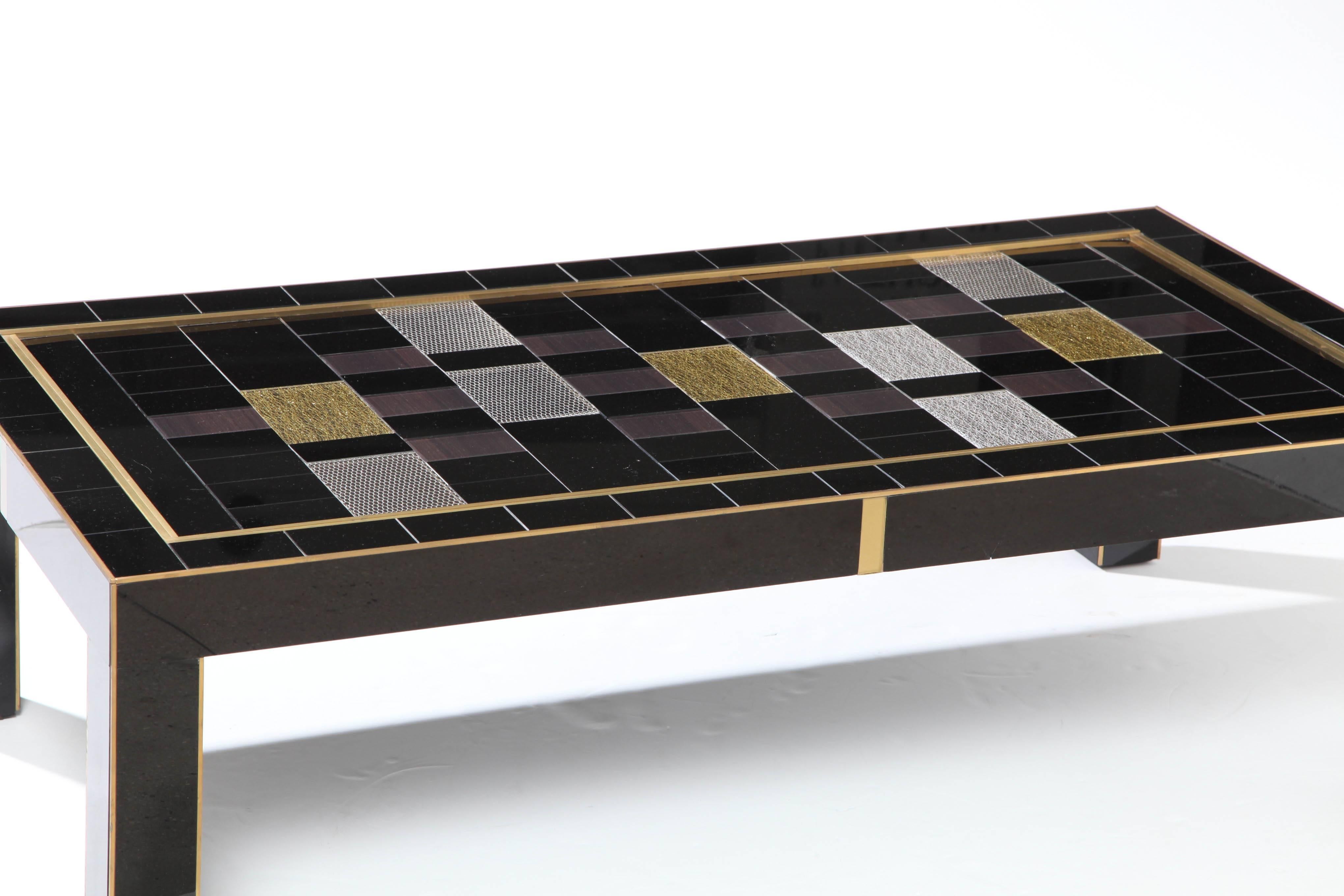 Murano Glass Custom Black, Silver and Gold Tinted Glass Coffee Table with Brass Inlays, Italy For Sale