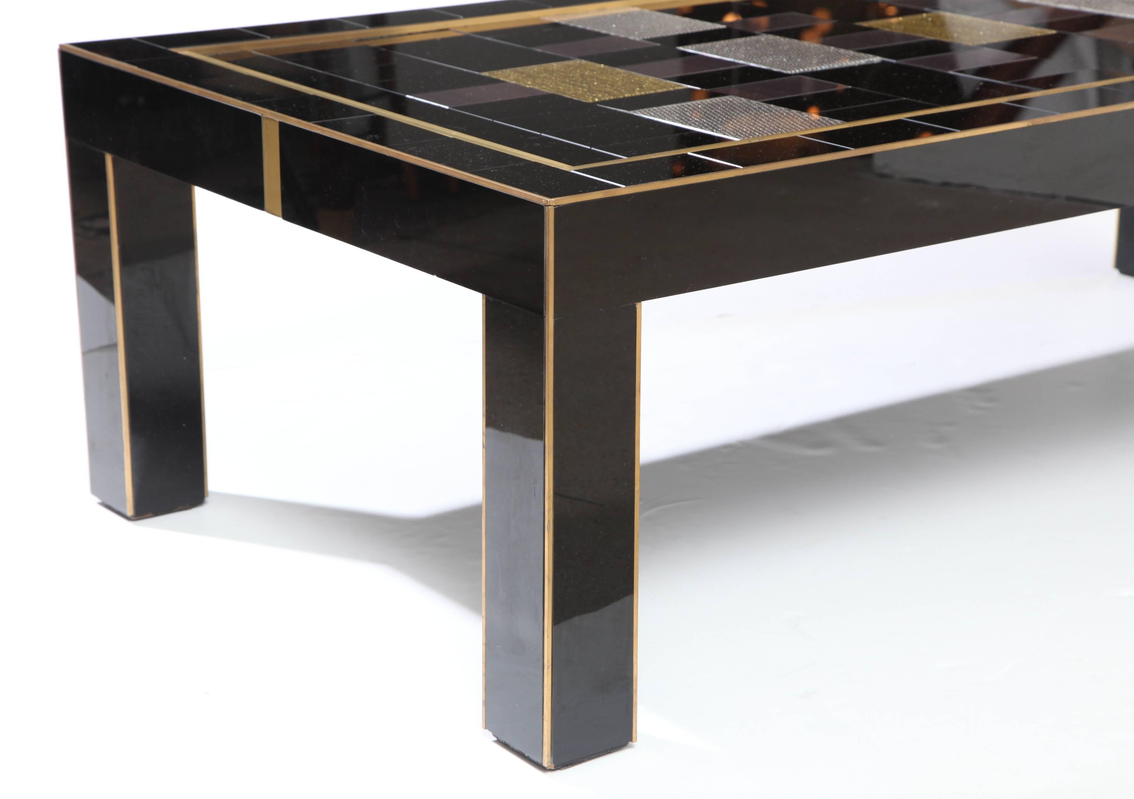 Custom Black, Silver and Gold Tinted Glass Coffee Table with Brass Inlays, Italy For Sale 1