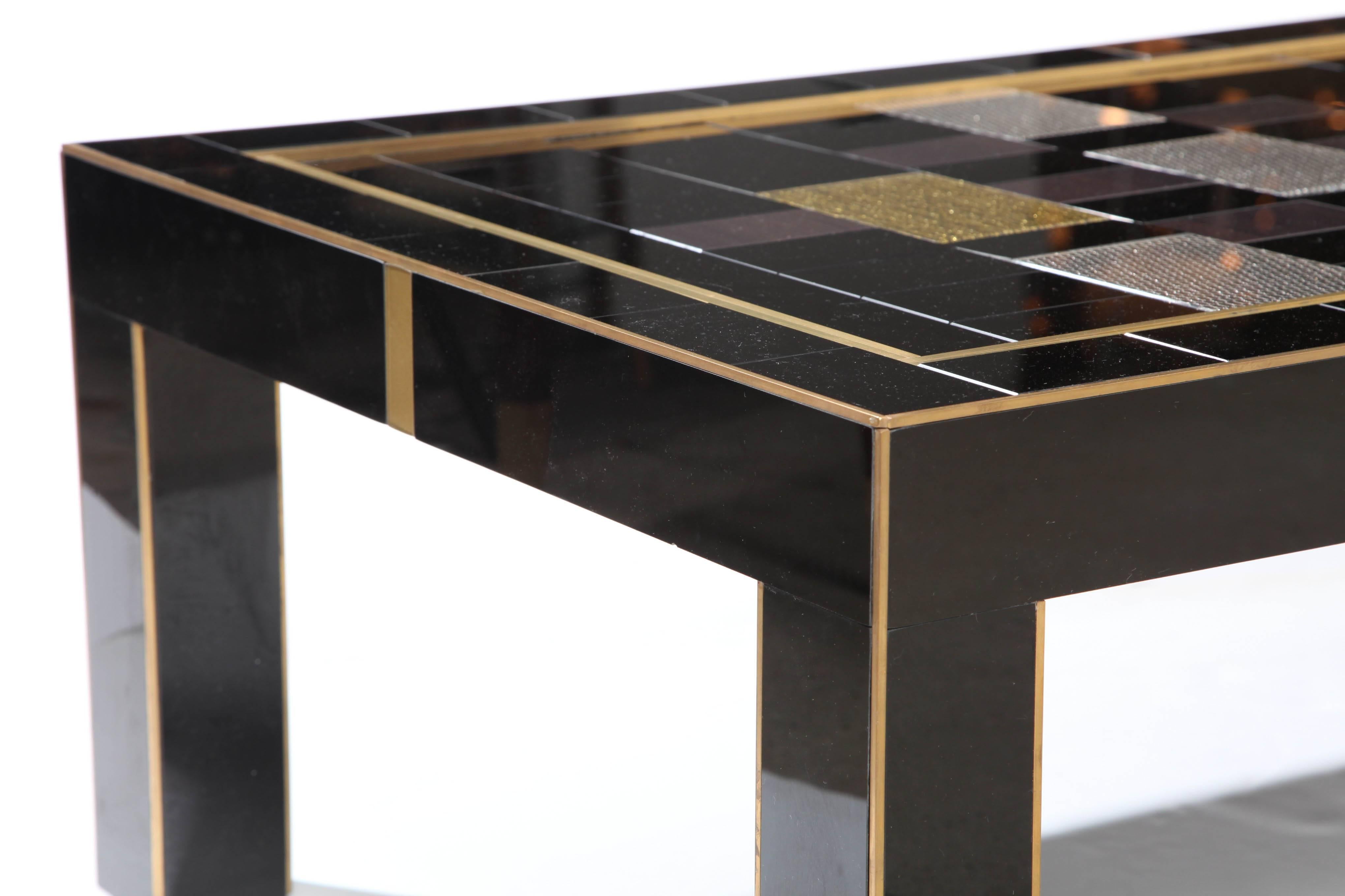 Custom Black, Silver and Gold Tinted Glass Coffee Table with Brass Inlays, Italy For Sale 2