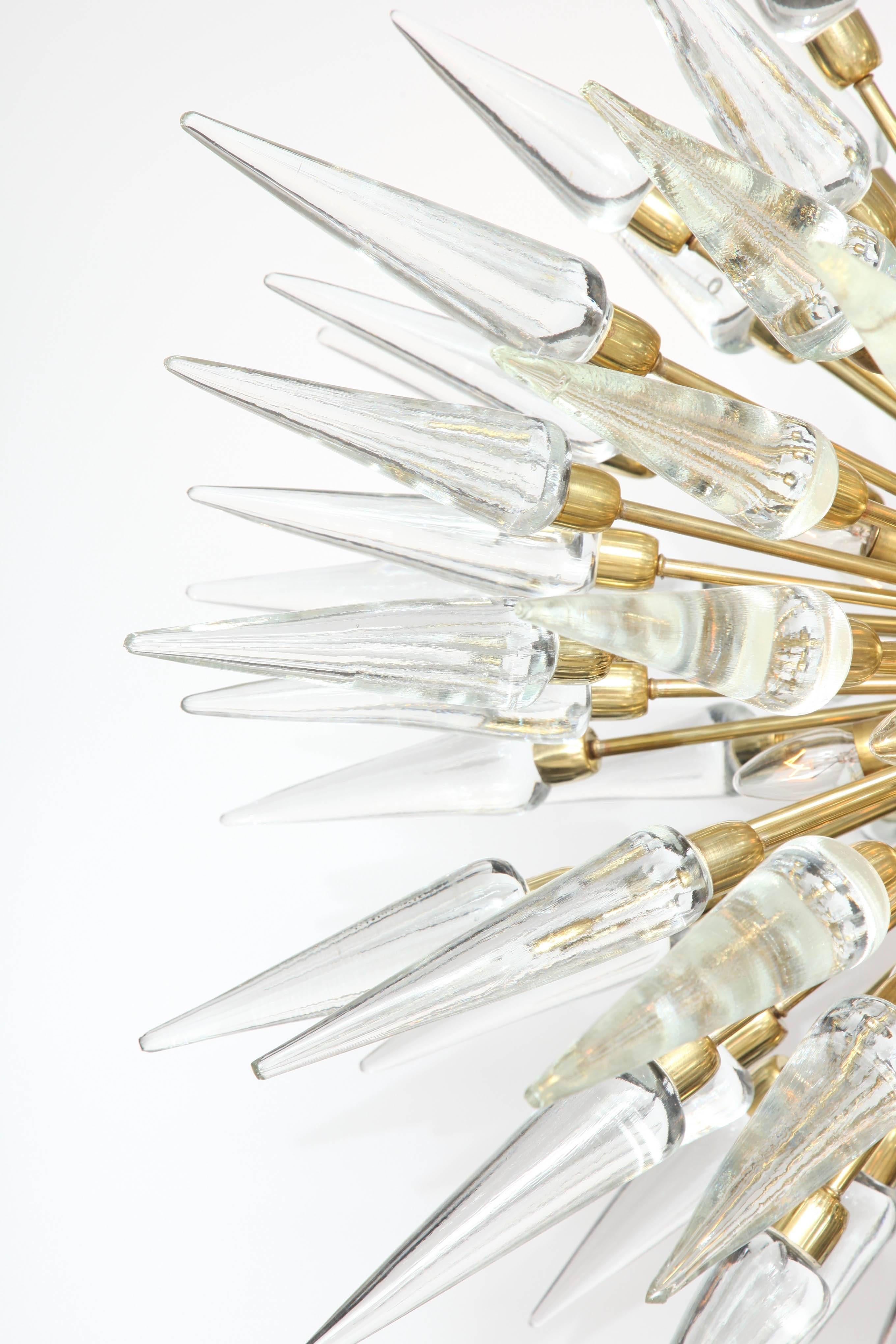 Clear Murano Glass and Unlacquered Brass Sputnik Chandelier, Italy.  This Large 45