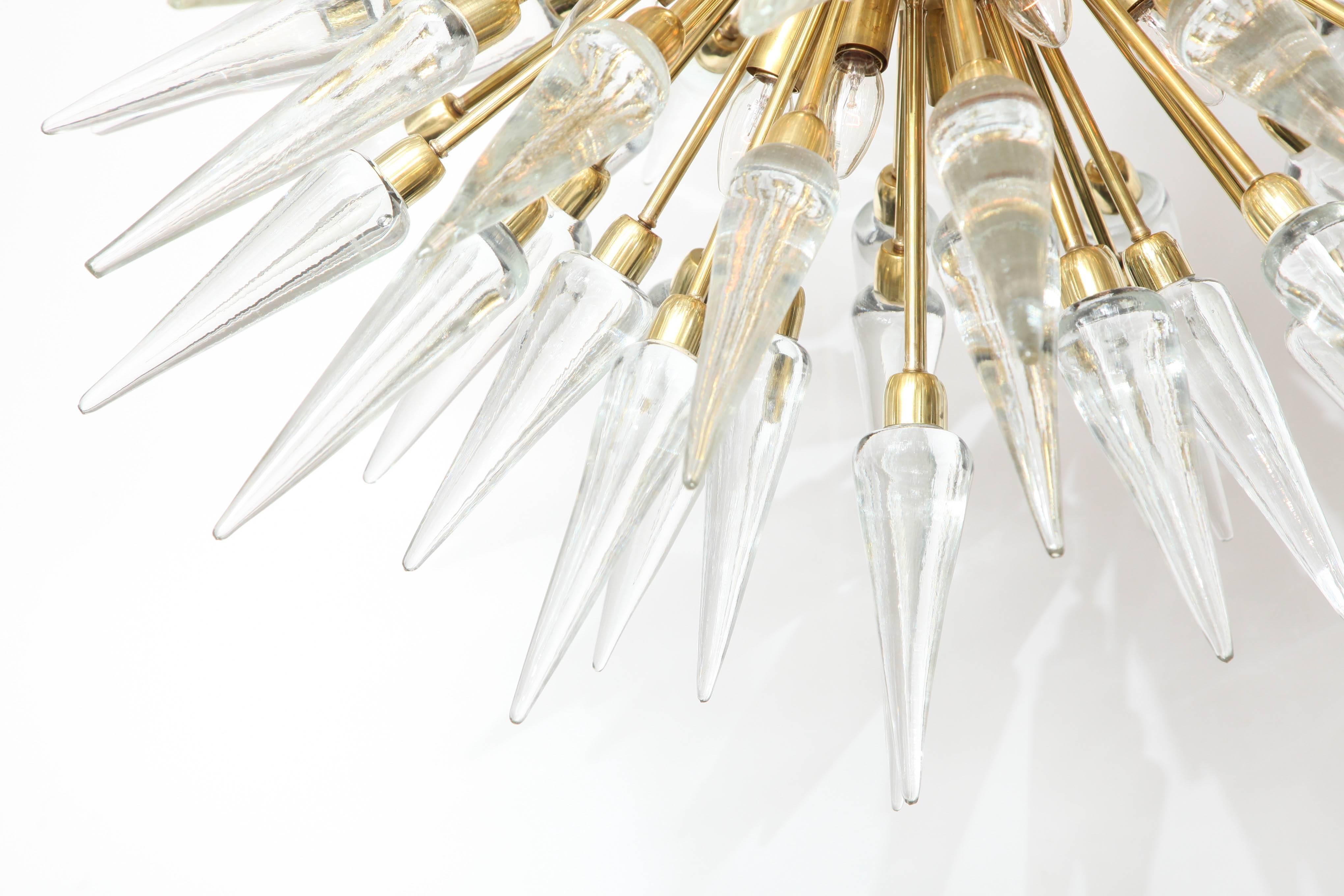 Mid-Century Modern Clear Murano Glass and Unlacquered Brass Sputnik Chandelier, Italy, 45