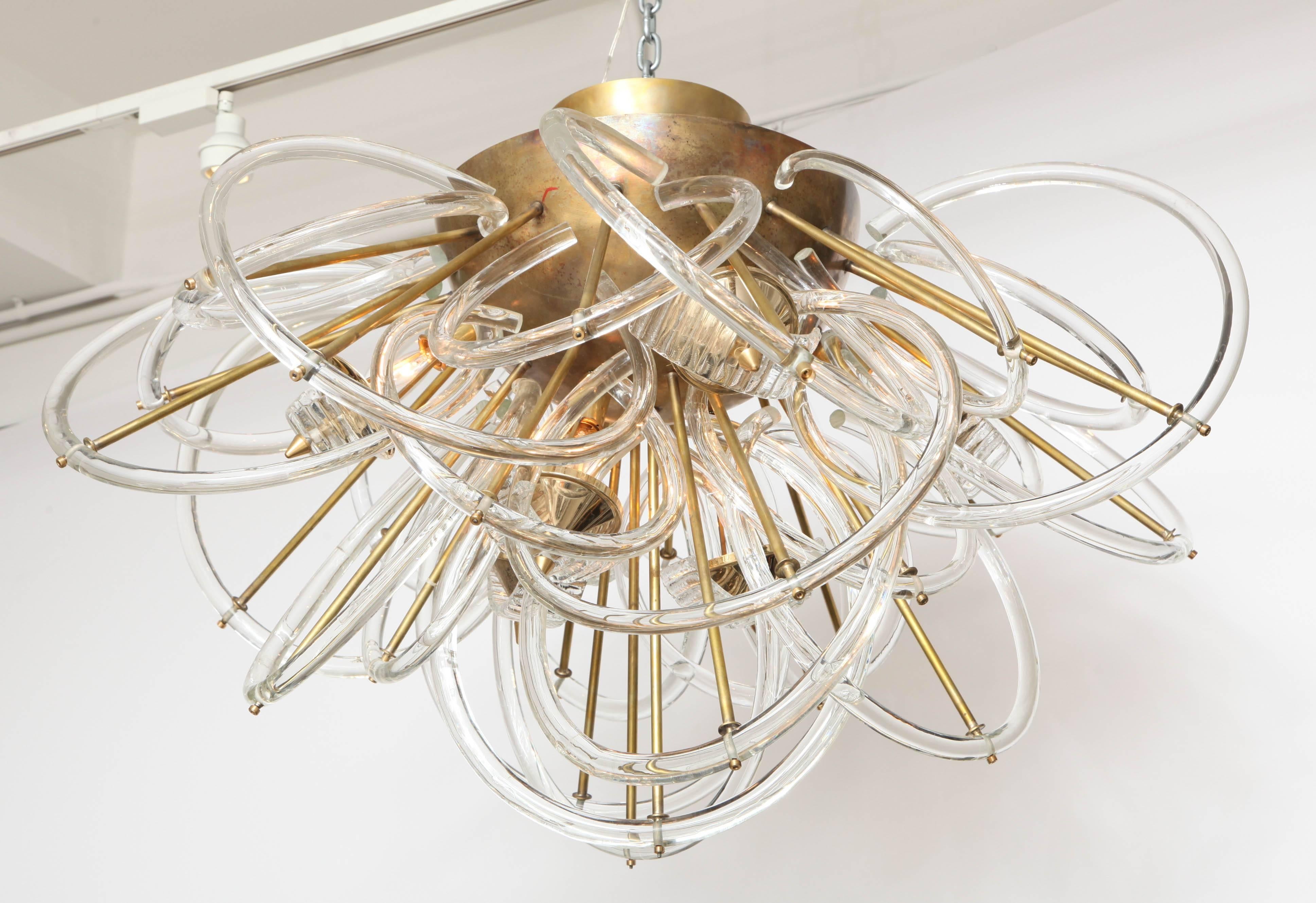 Mid-Century Modern Midcentury Glass Loops and Brass Chandelier Attributed to J.T. Kalmar