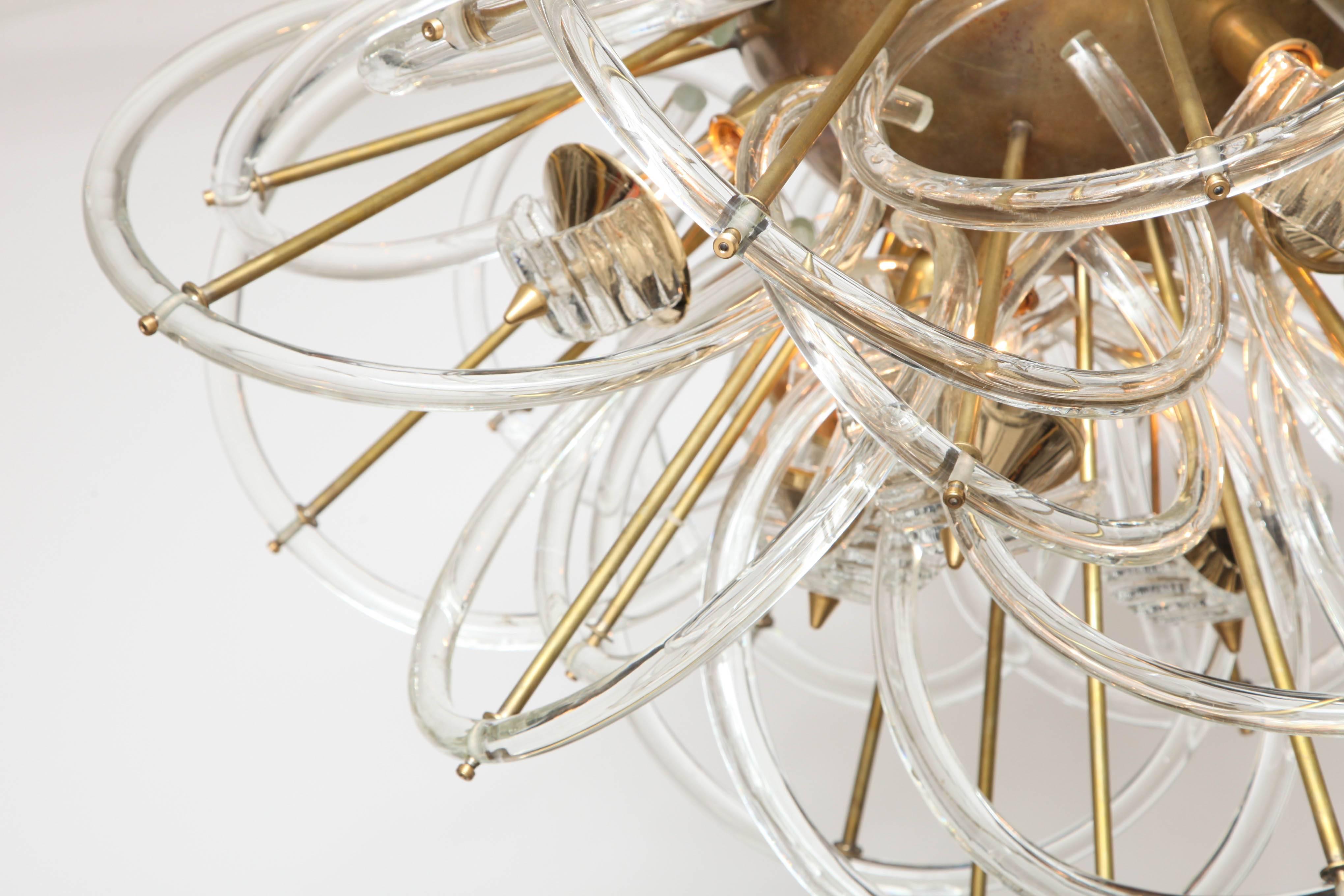 Midcentury Glass Loops and Brass Chandelier Attributed to J.T. Kalmar 1