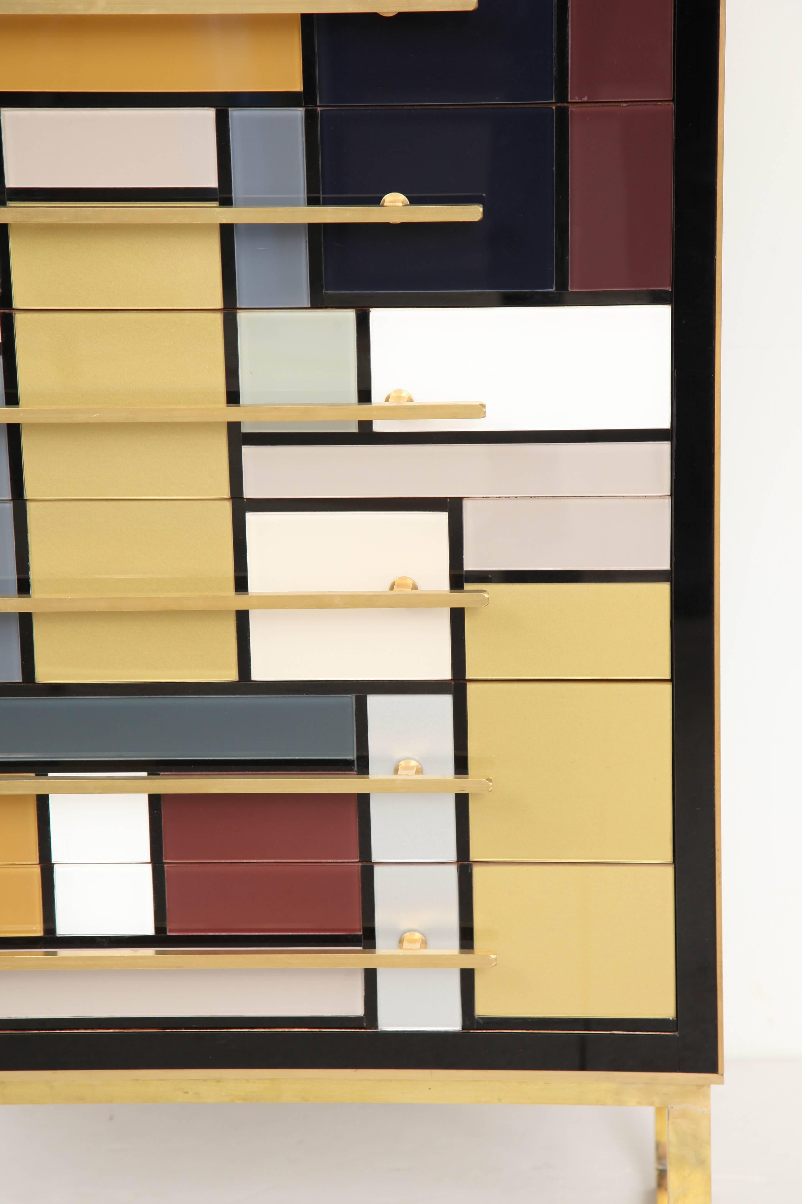 Mid-Century Modern Mid-Century Mondrian Style Opaline Glass Chest with Brass Inlays, Italy