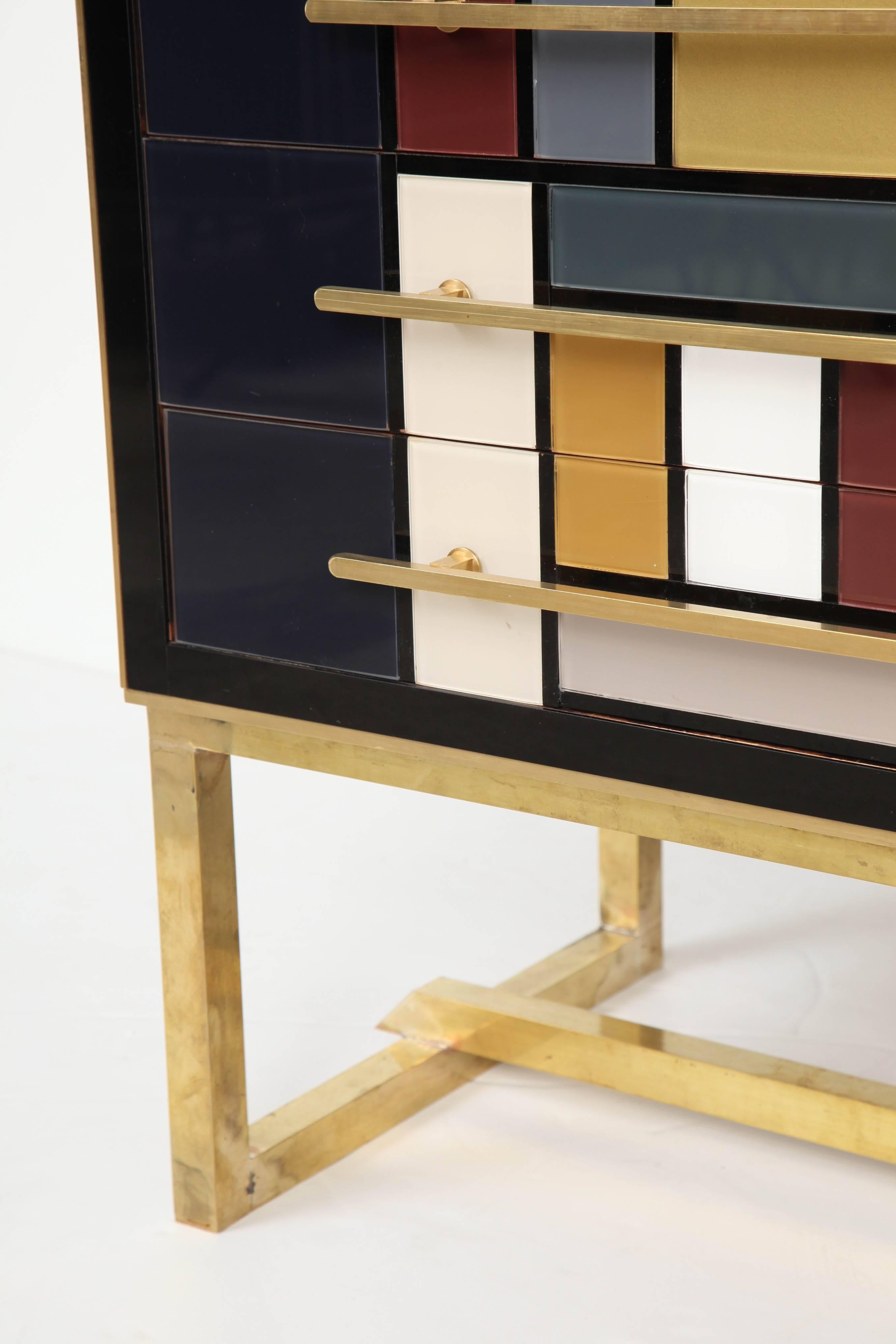 Mid-Century Mondrian Style Opaline Glass Chest with Brass Inlays, Italy 1