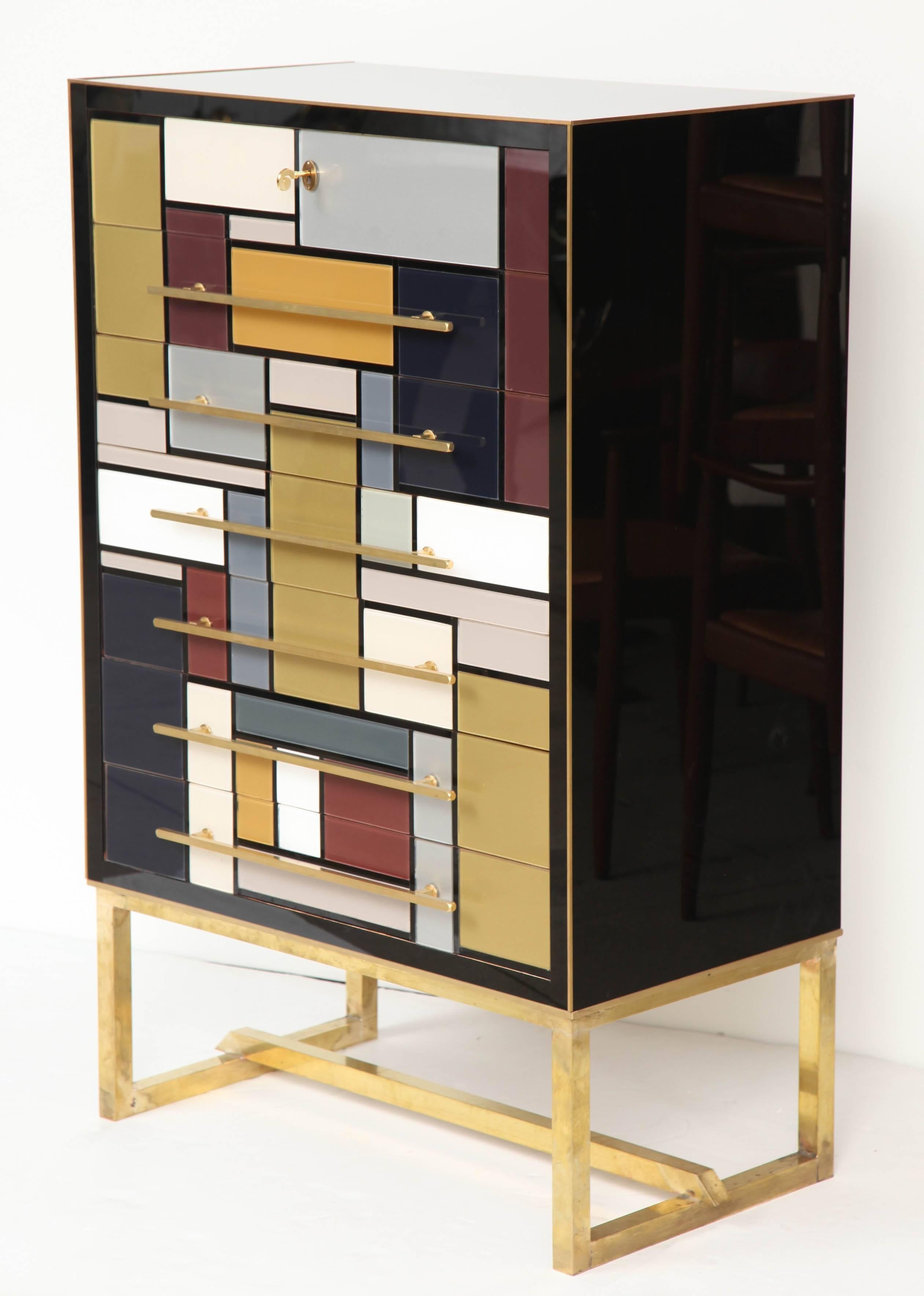 Mid-Century Mondrian Style Opaline Glass Chest with Brass Inlays, Italy 2