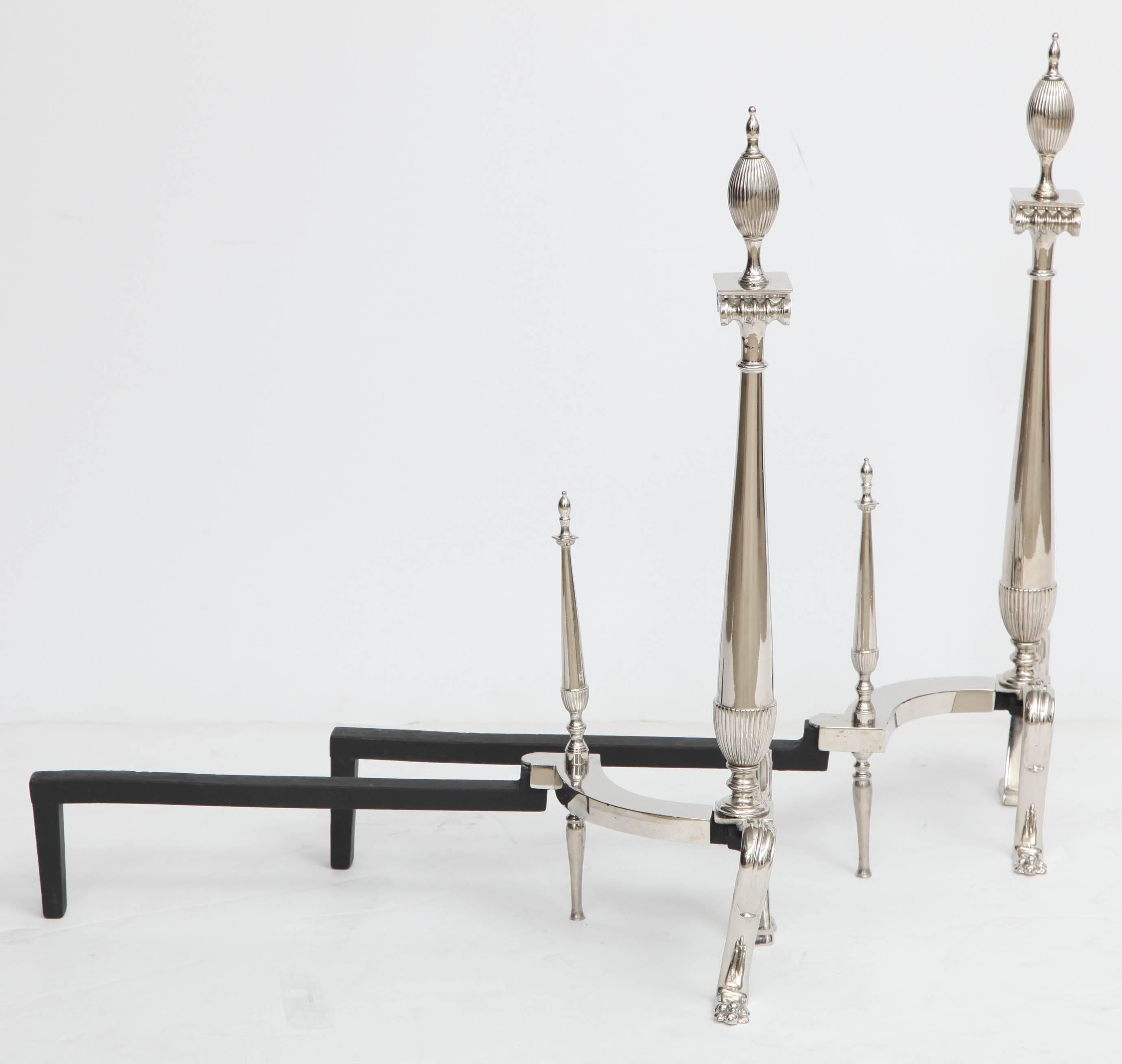 Nickel Art Deco Andirons with Fluted Finials For Sale