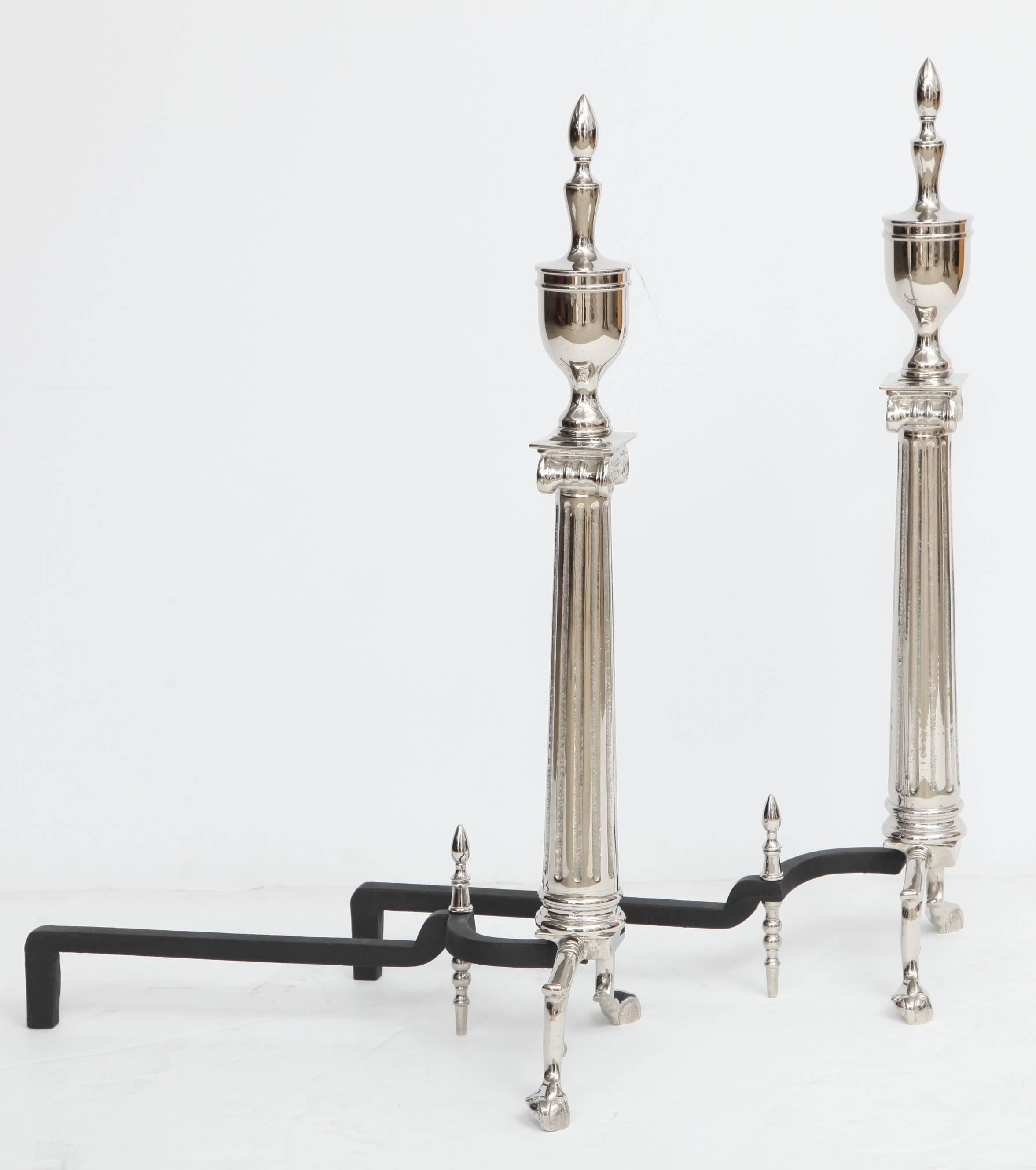 Pair of Art Deco Ionic Column Andirons with Urn Finials In Excellent Condition In New York, NY
