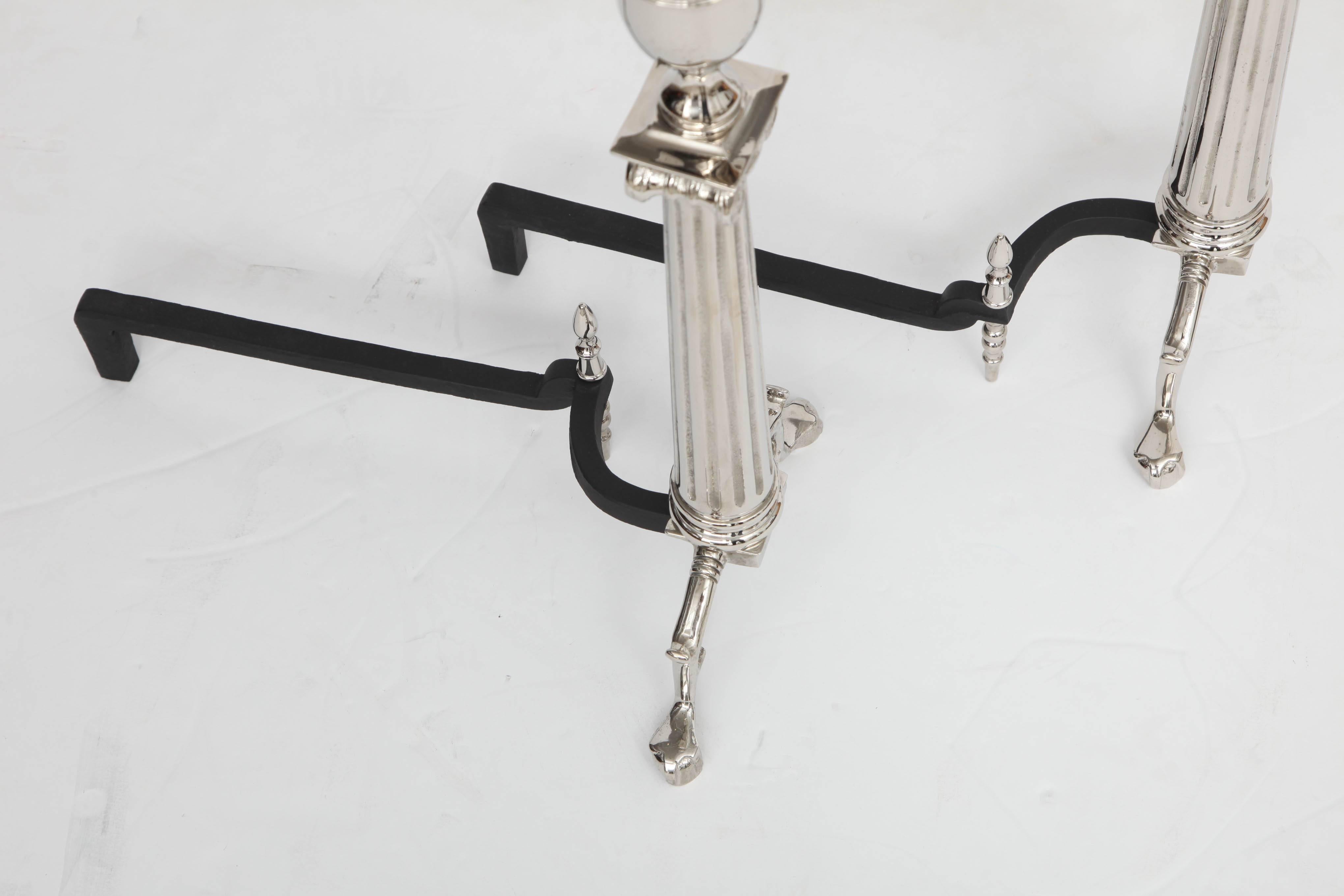 20th Century Pair of Art Deco Ionic Column Andirons with Urn Finials