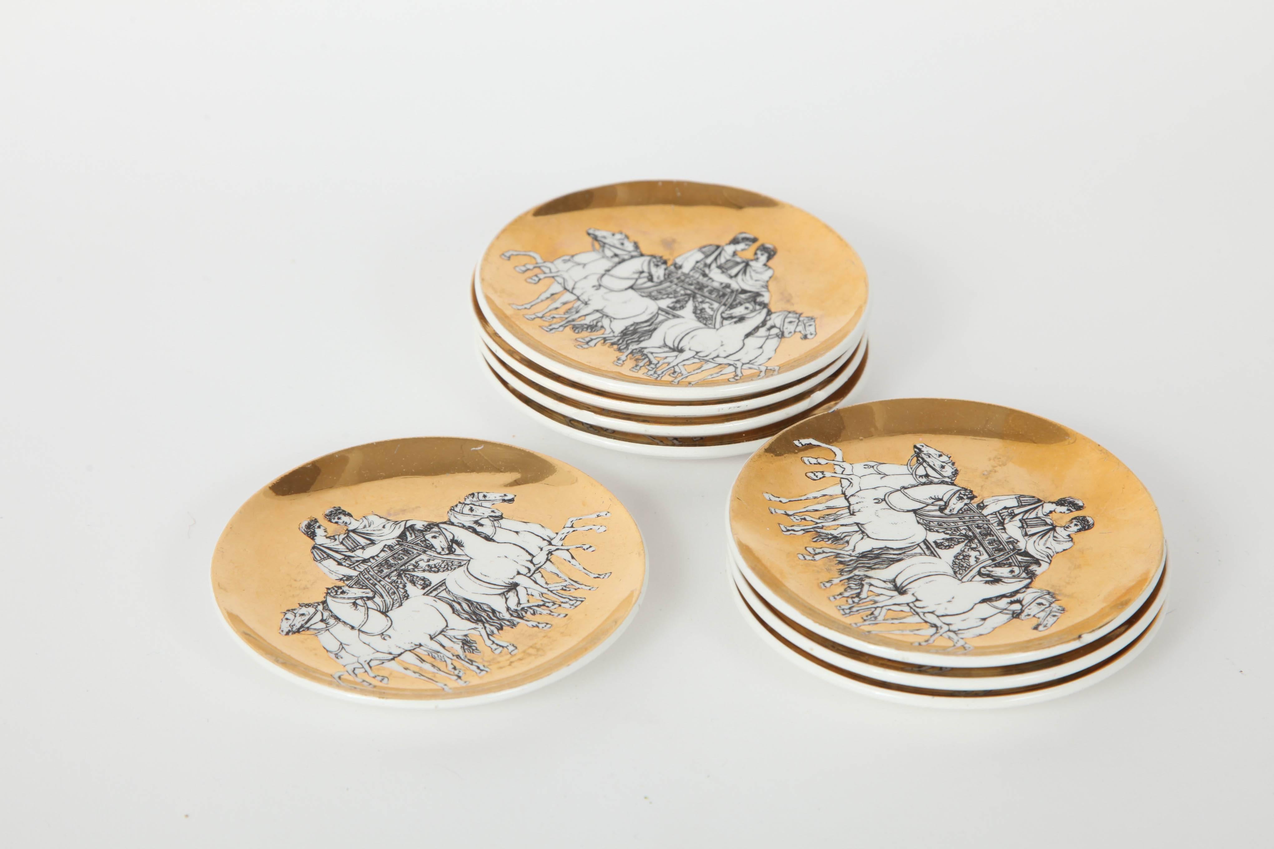 Mid-Century Modern Eight Porcelain Coasters with Chariots by Fornasetti