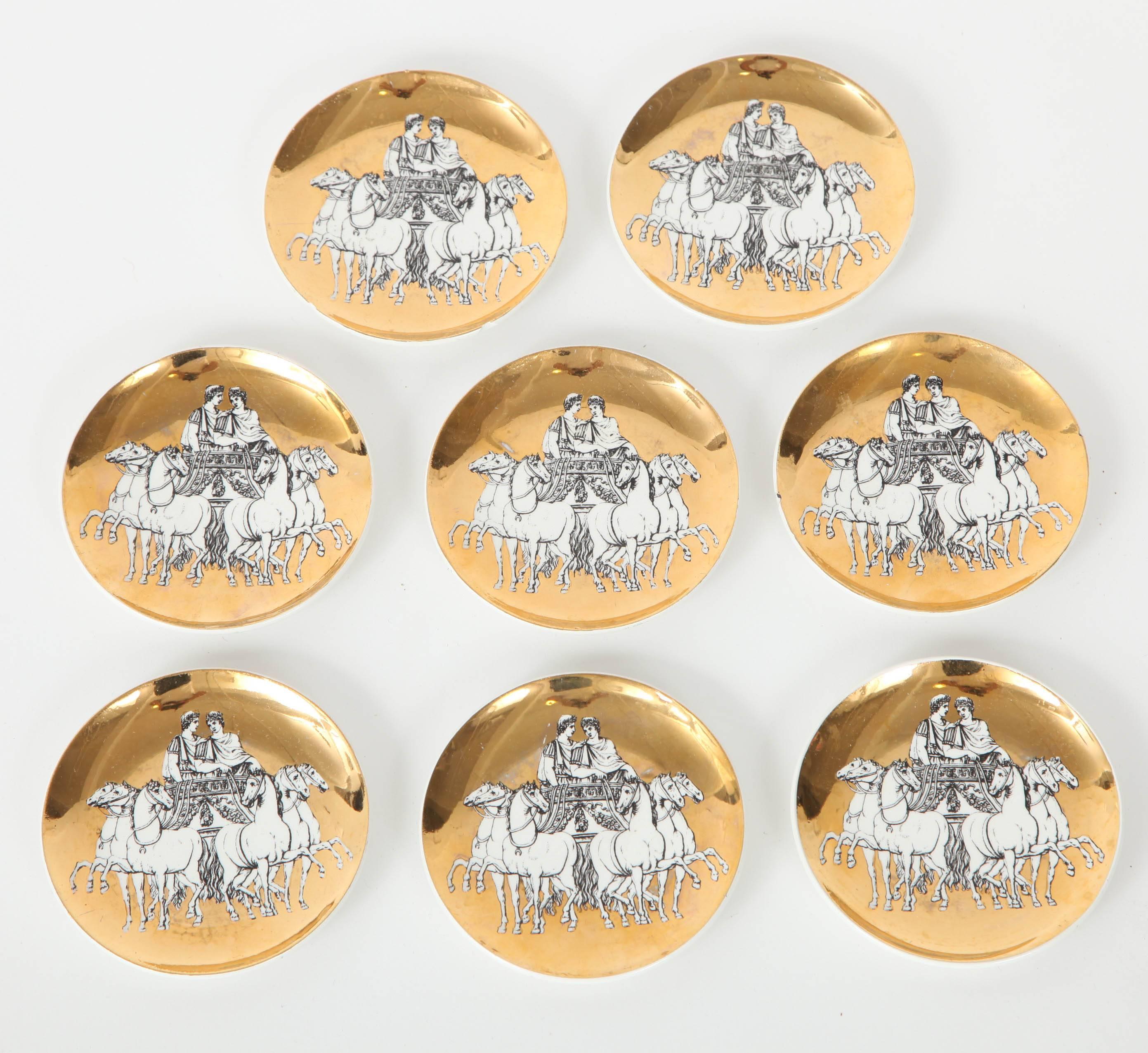 Italian Eight Porcelain Coasters with Chariots by Fornasetti