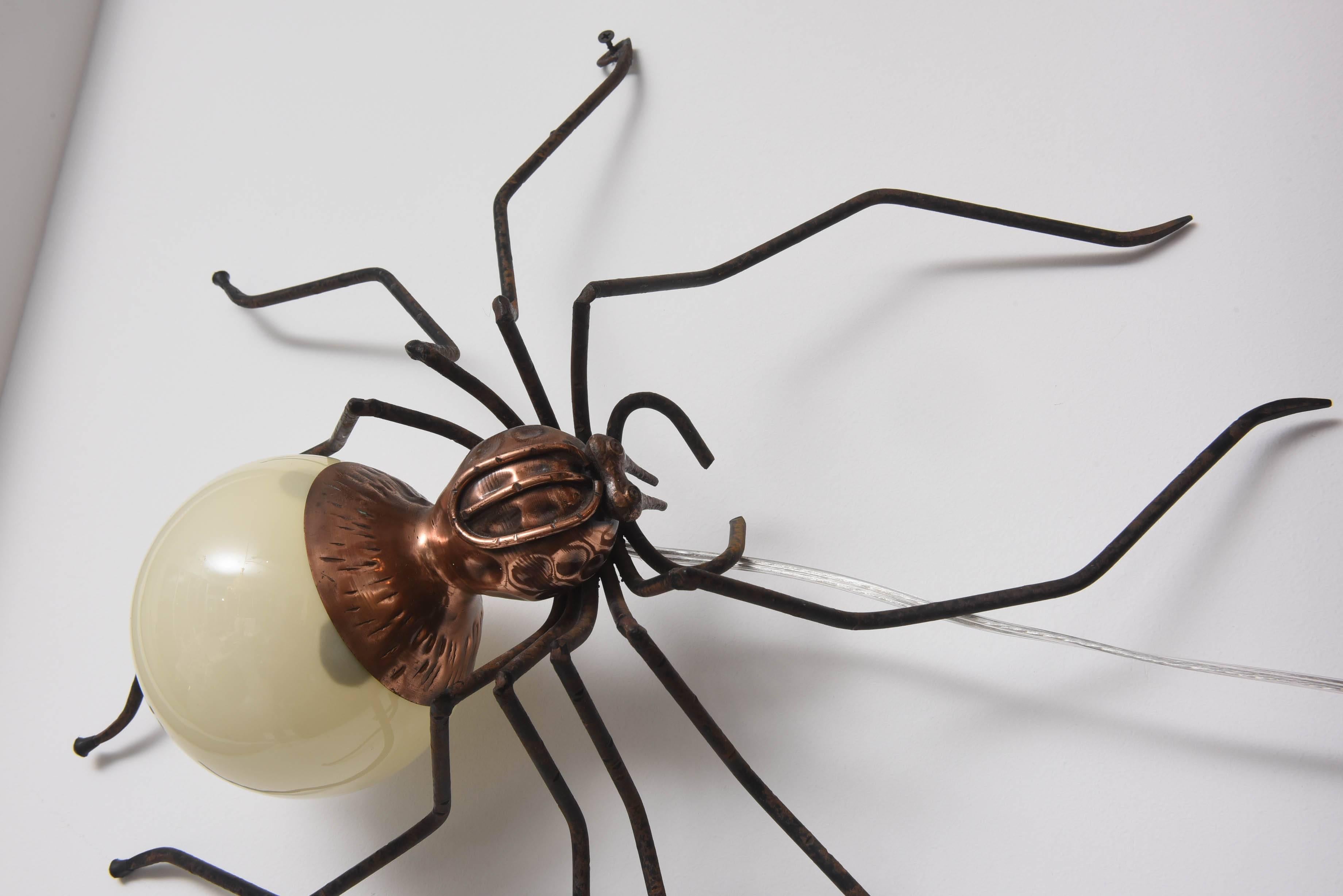 Pr. of Mid-Century Modern Artisan Spider Wall or Table Lamp, Murano Glass & Iron In Excellent Condition In West Palm Beach, FL