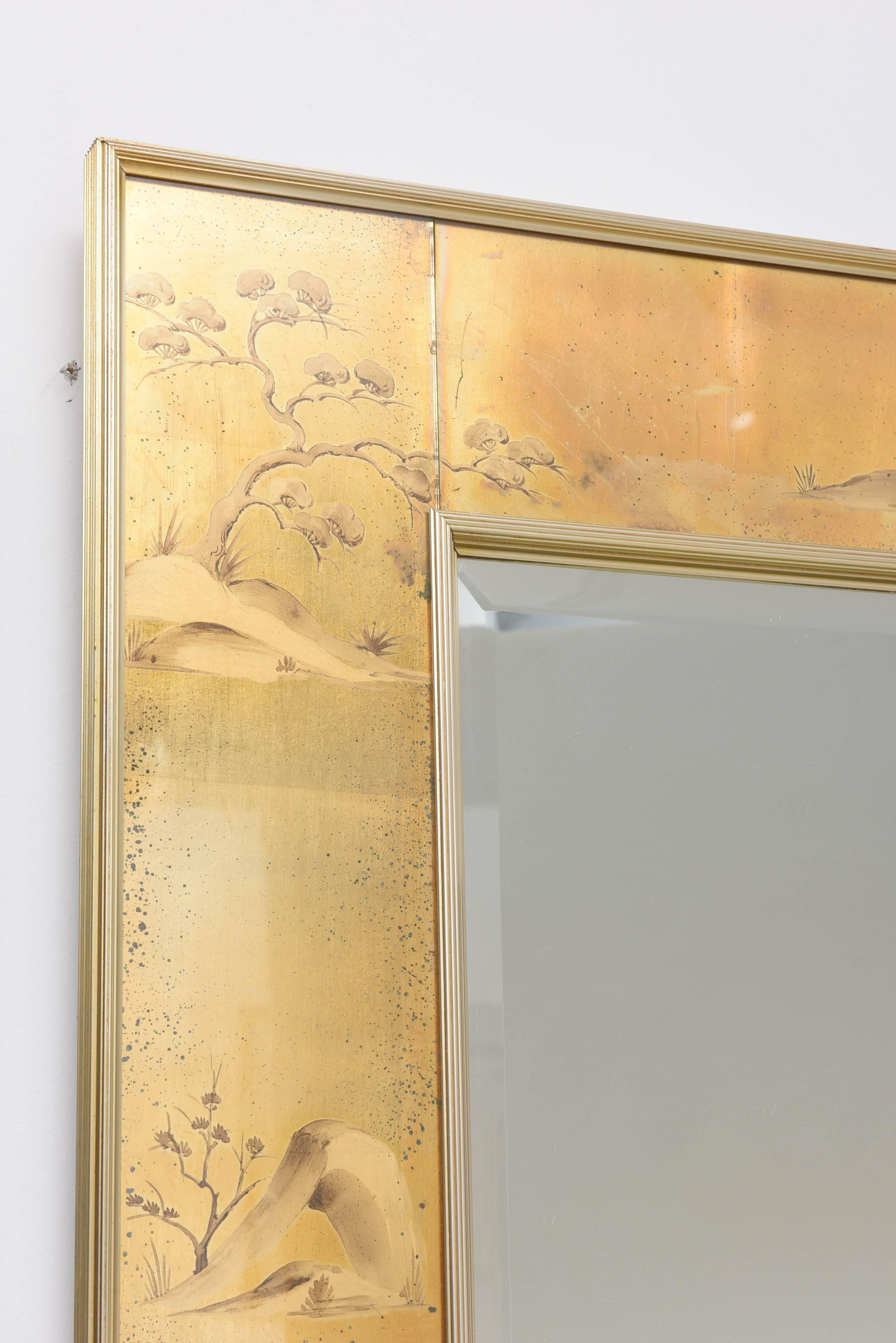 20th Century La Barge Mirror with Églomisé Style Panels Depicting Chinoiserie Scenes in Gold