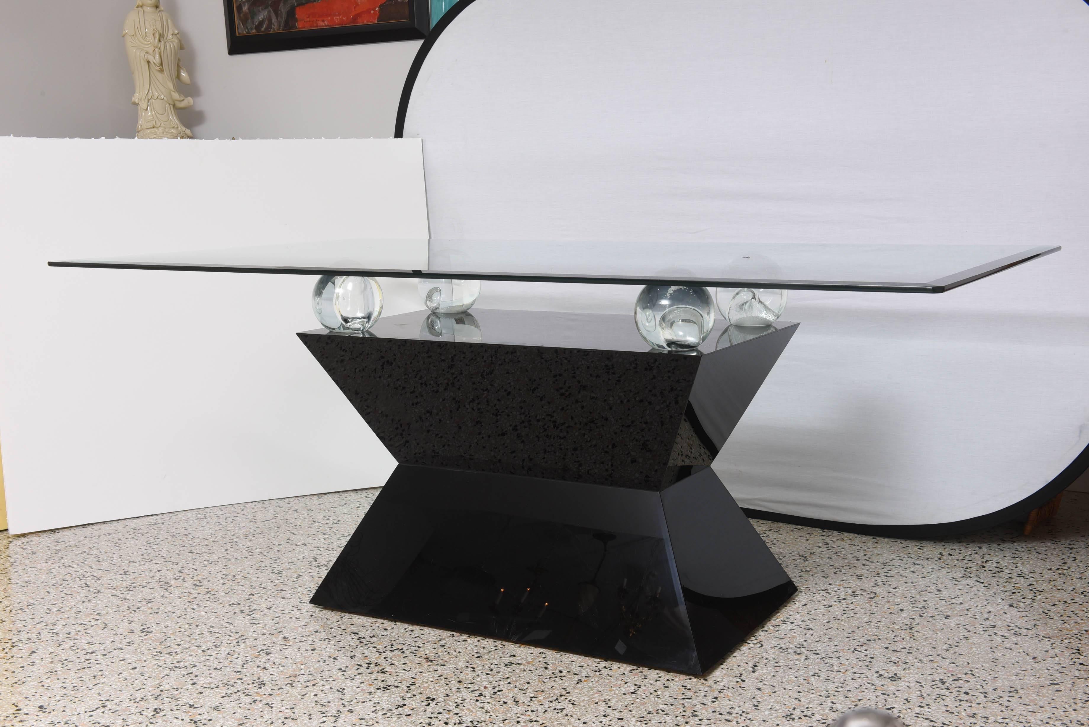 Modern Rectangular Dining Table, Black Laminate, Lucite and Glass in Willy Rizzo Manner
