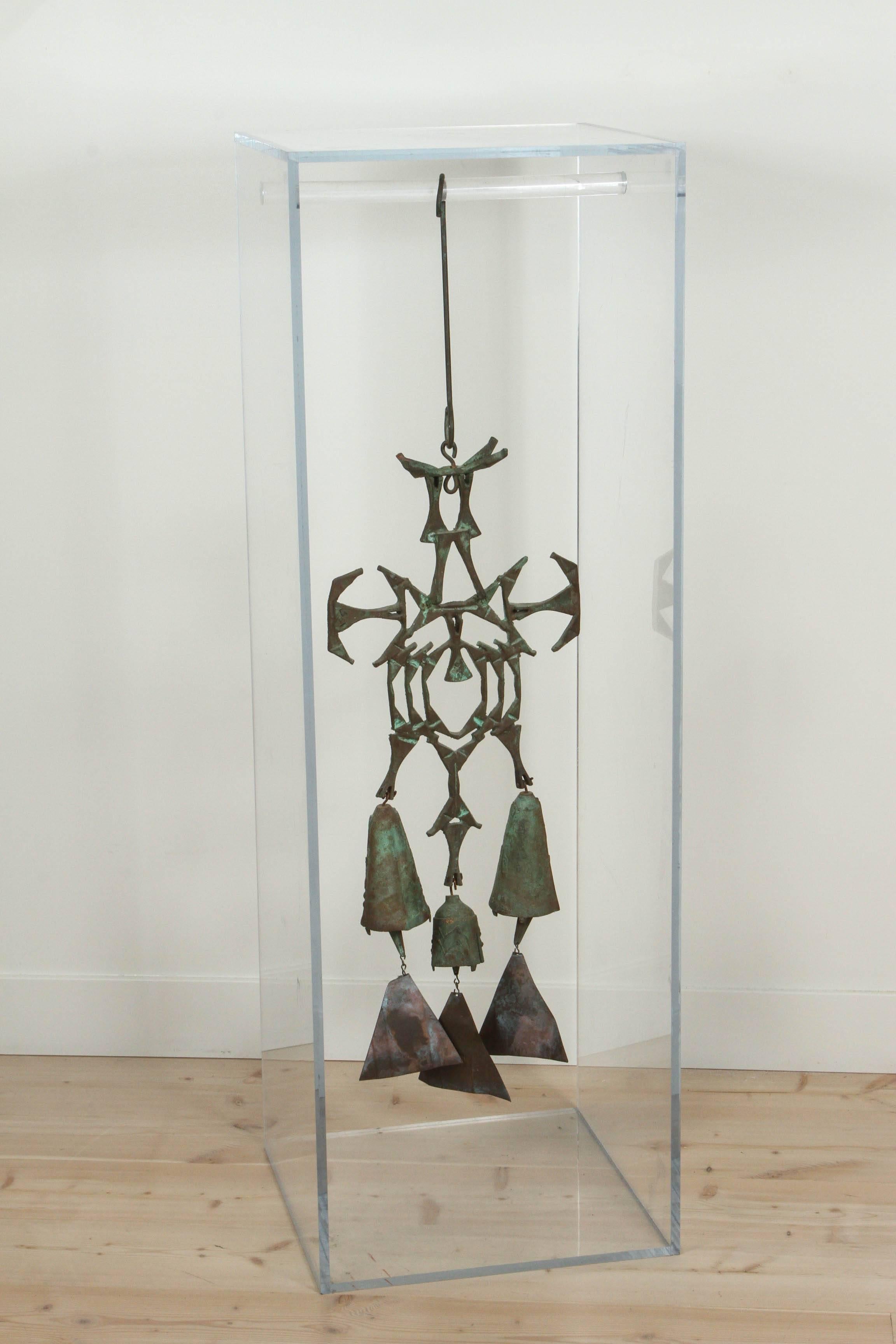 Cast Bronze Figural Three Bell Sculpture with Acrylic Display Case 2