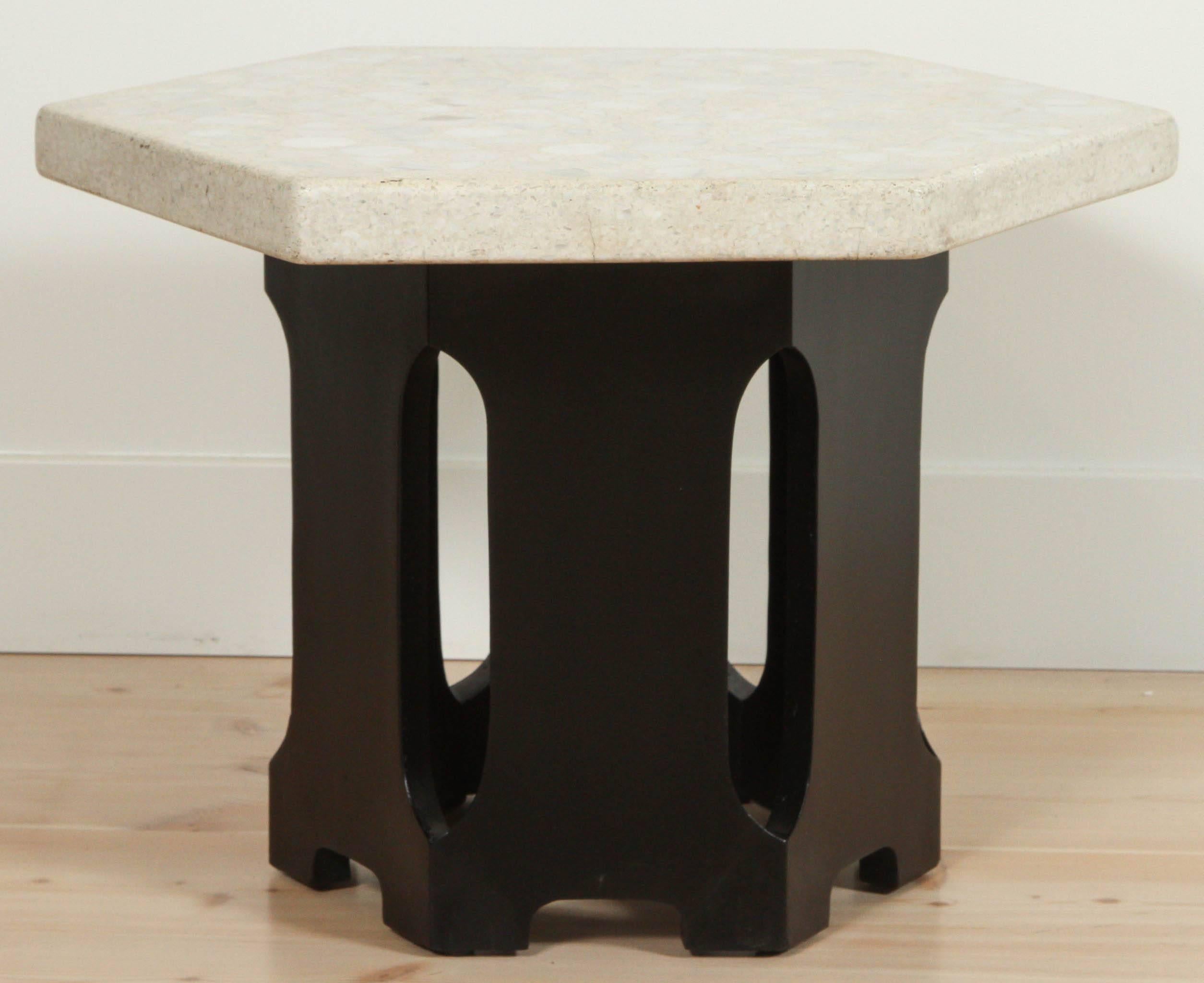 Terazzo and walnut hexagon side table by Harvey Probber.