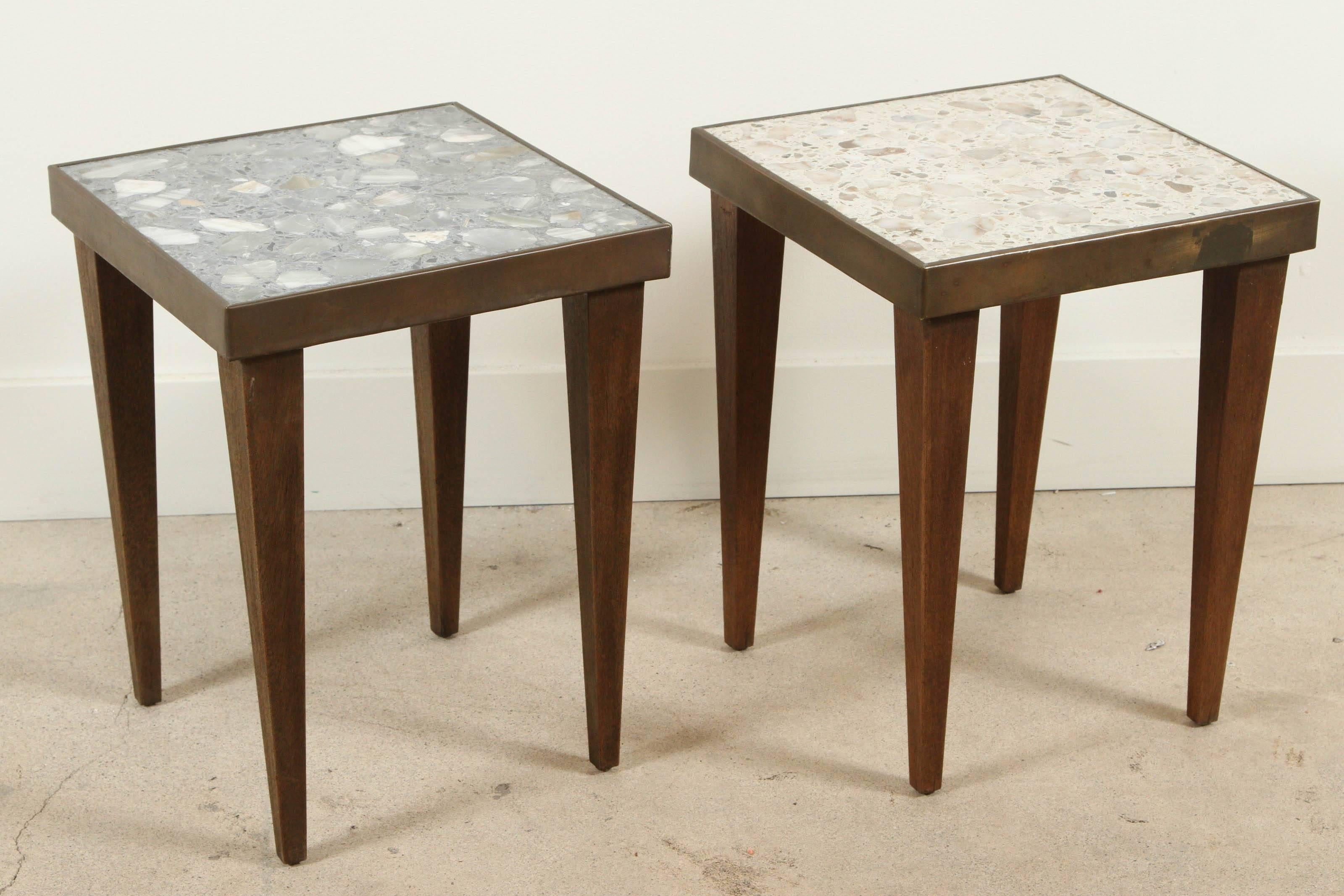 Mid-Century Modern Pair of Italian Terrazzo Drinks Tables with Brass Details