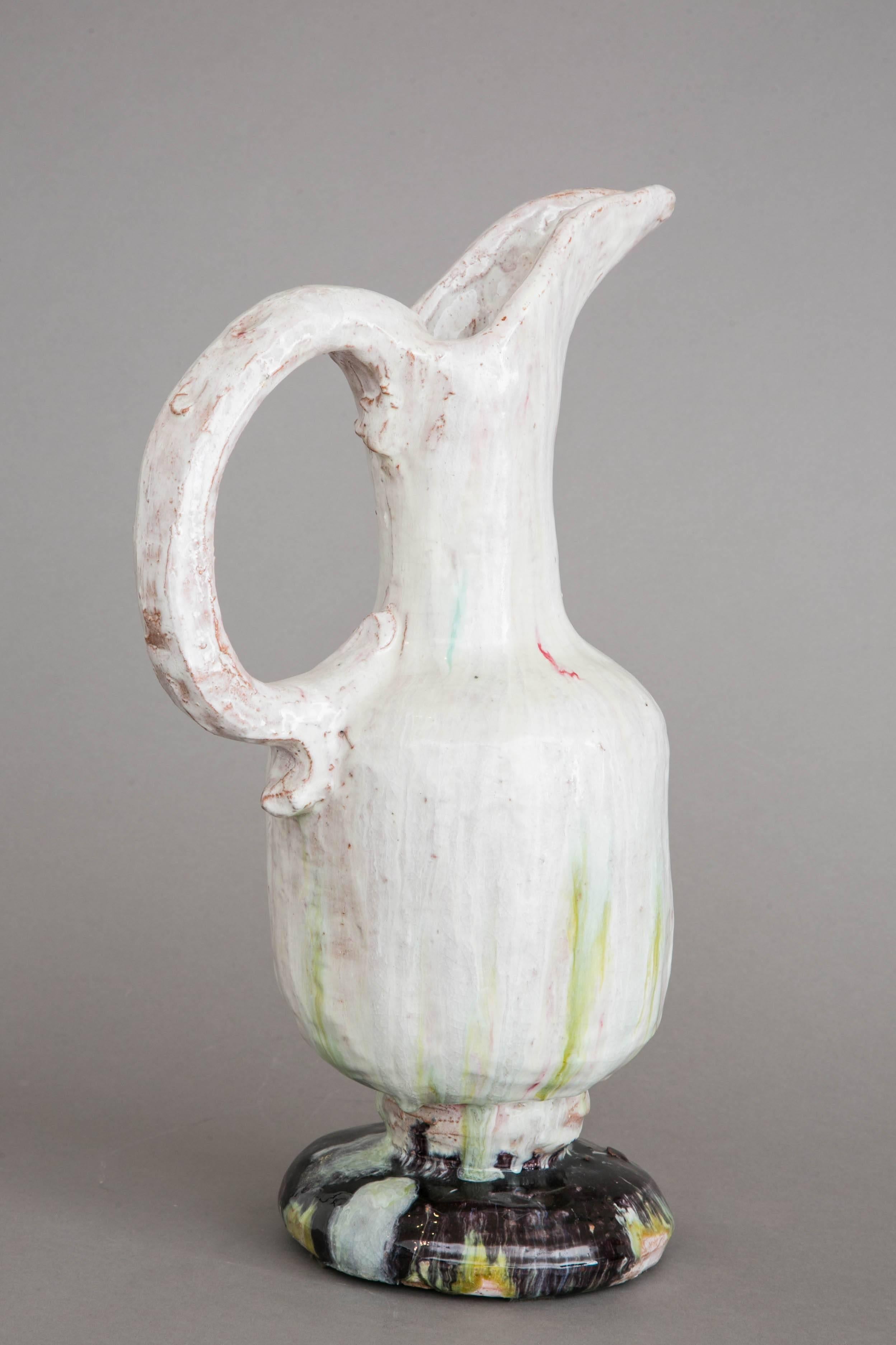 French Enameled Stoneware Ewer Vase, 1950s, by Alice Colonieu For Sale