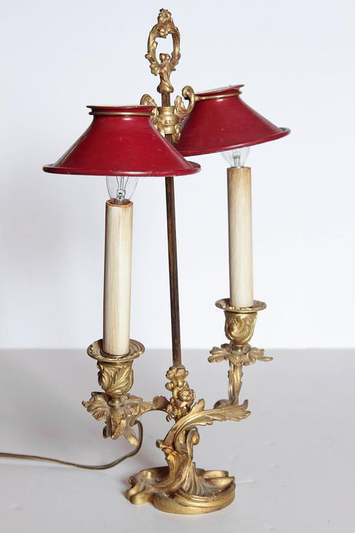 French Double Candle Bronze Doré Lamp with Red Tole Shades For Sale at