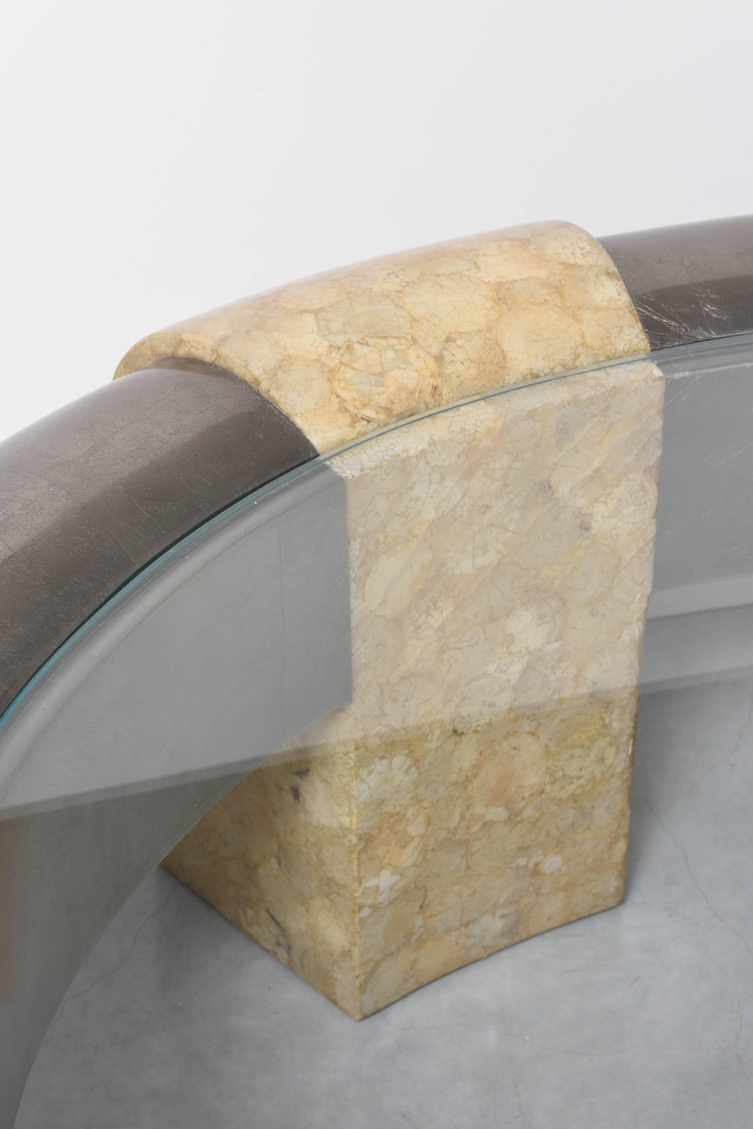 Mid-Century Modern Huge Oval Coffee Table SilverGilt Woodframe Tessellated Stone Legs Suberb 