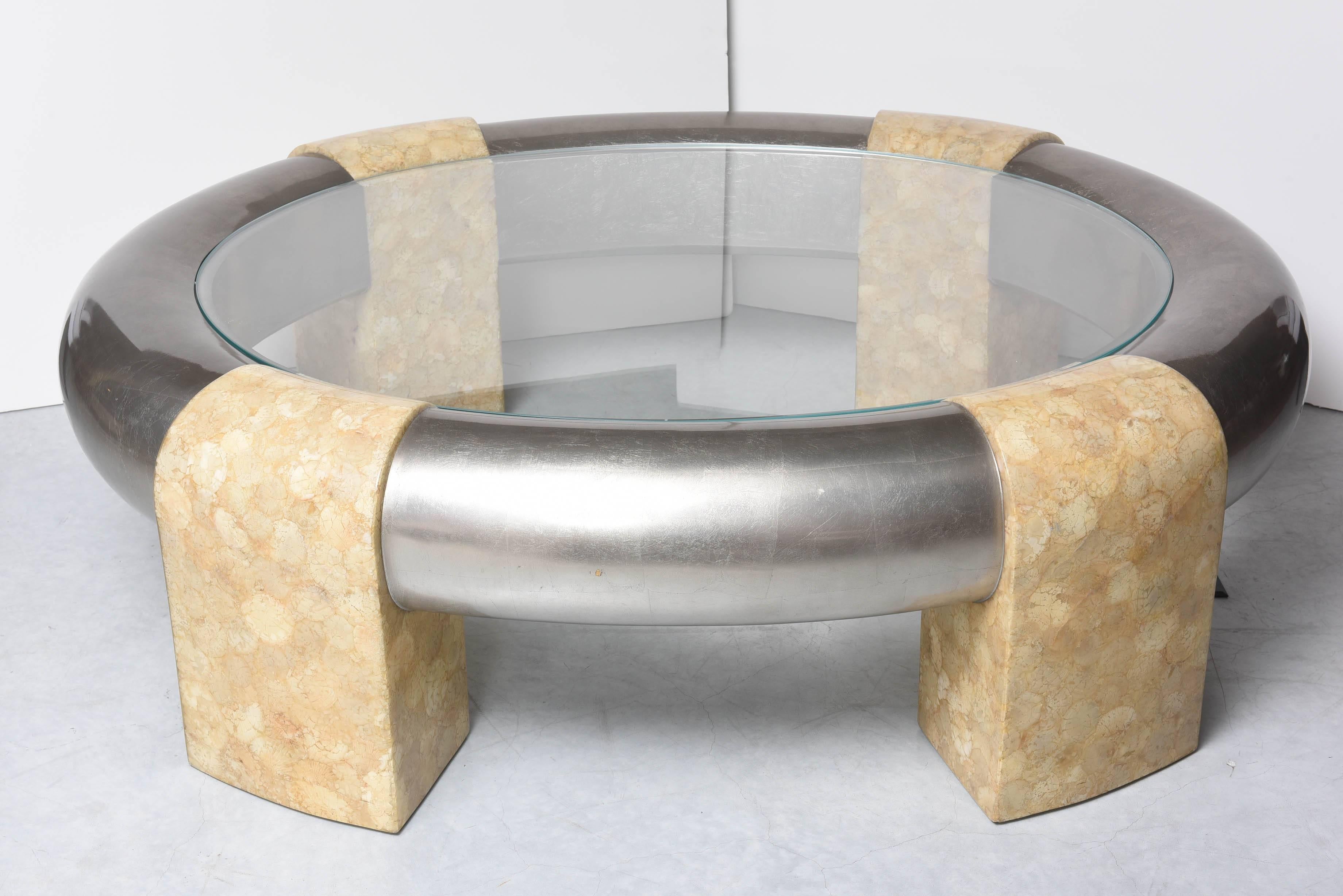 North American Huge Oval Coffee Table SilverGilt Woodframe Tessellated Stone Legs Suberb 