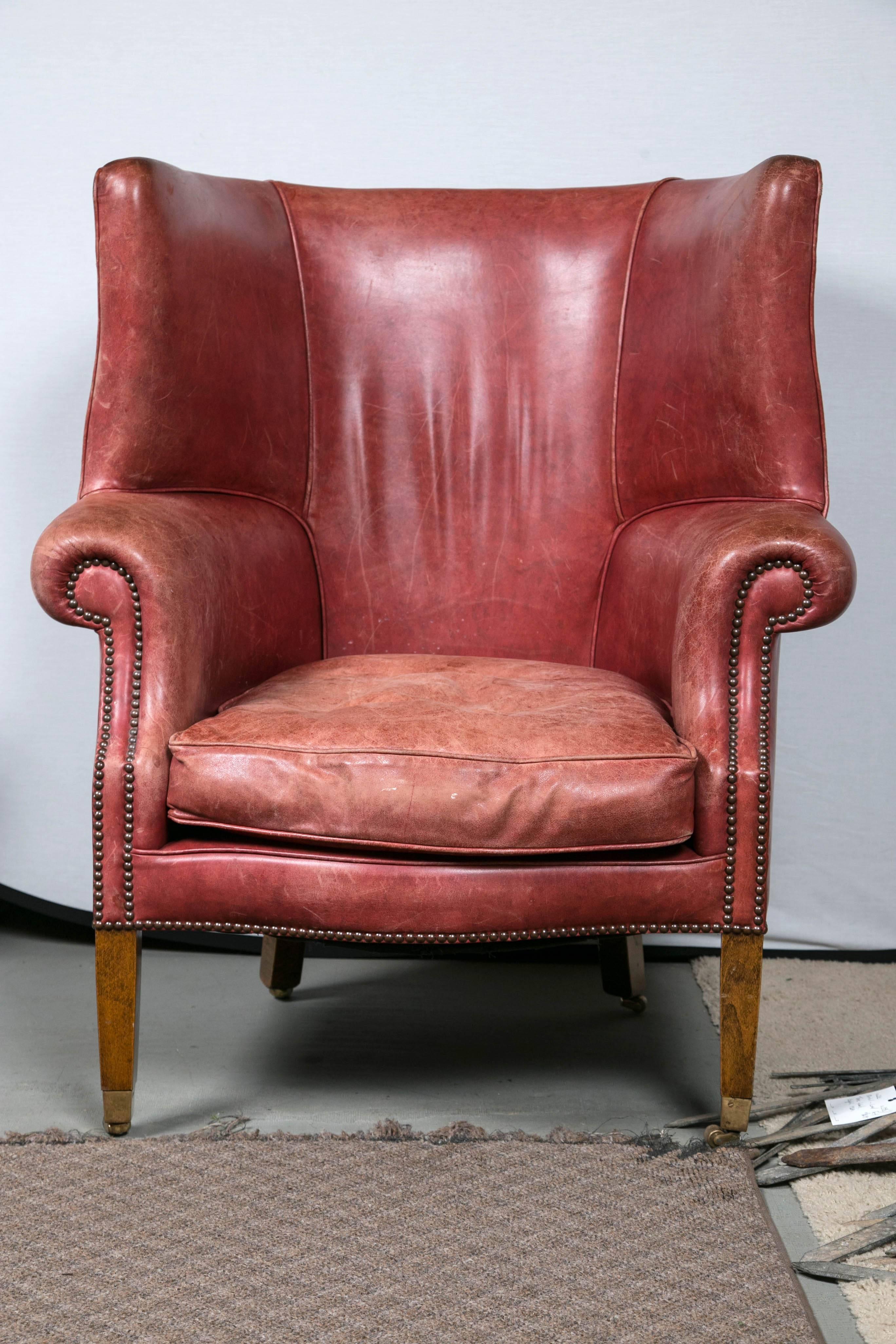 Red Leather Wing Chair In Excellent Condition For Sale In Stamford, CT