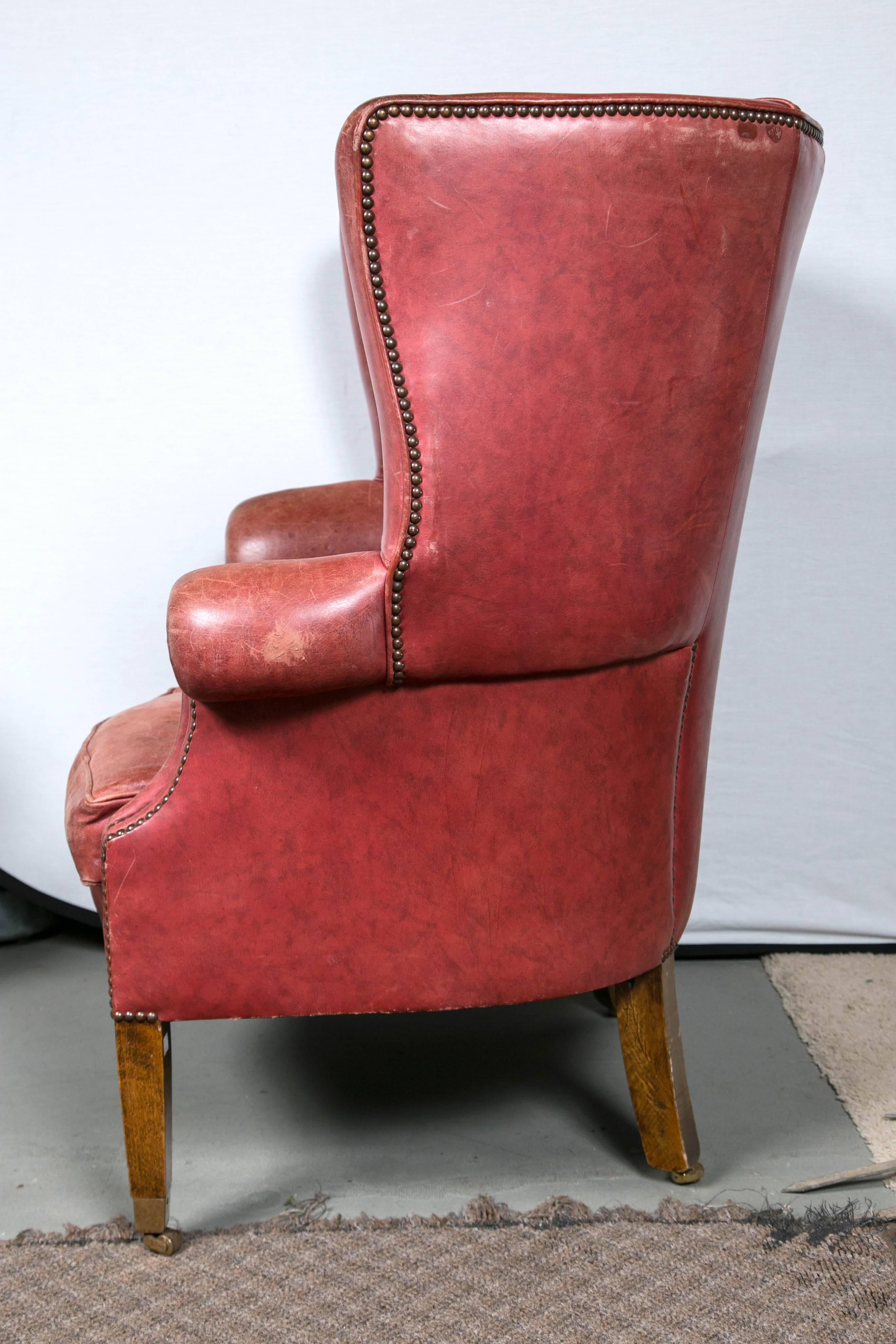 Red Leather Wing Chair For Sale 1