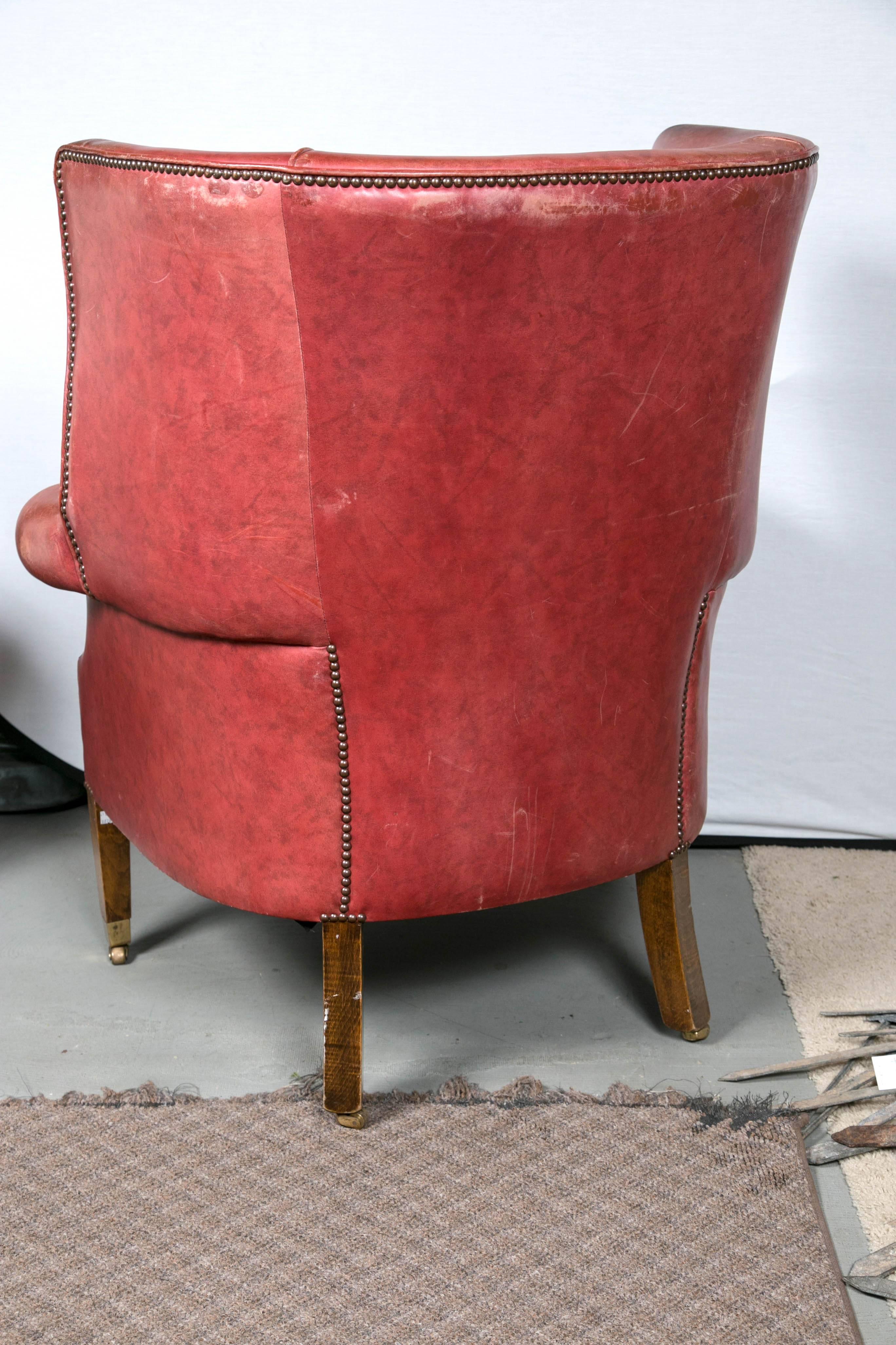 Red Leather Wing Chair For Sale 3