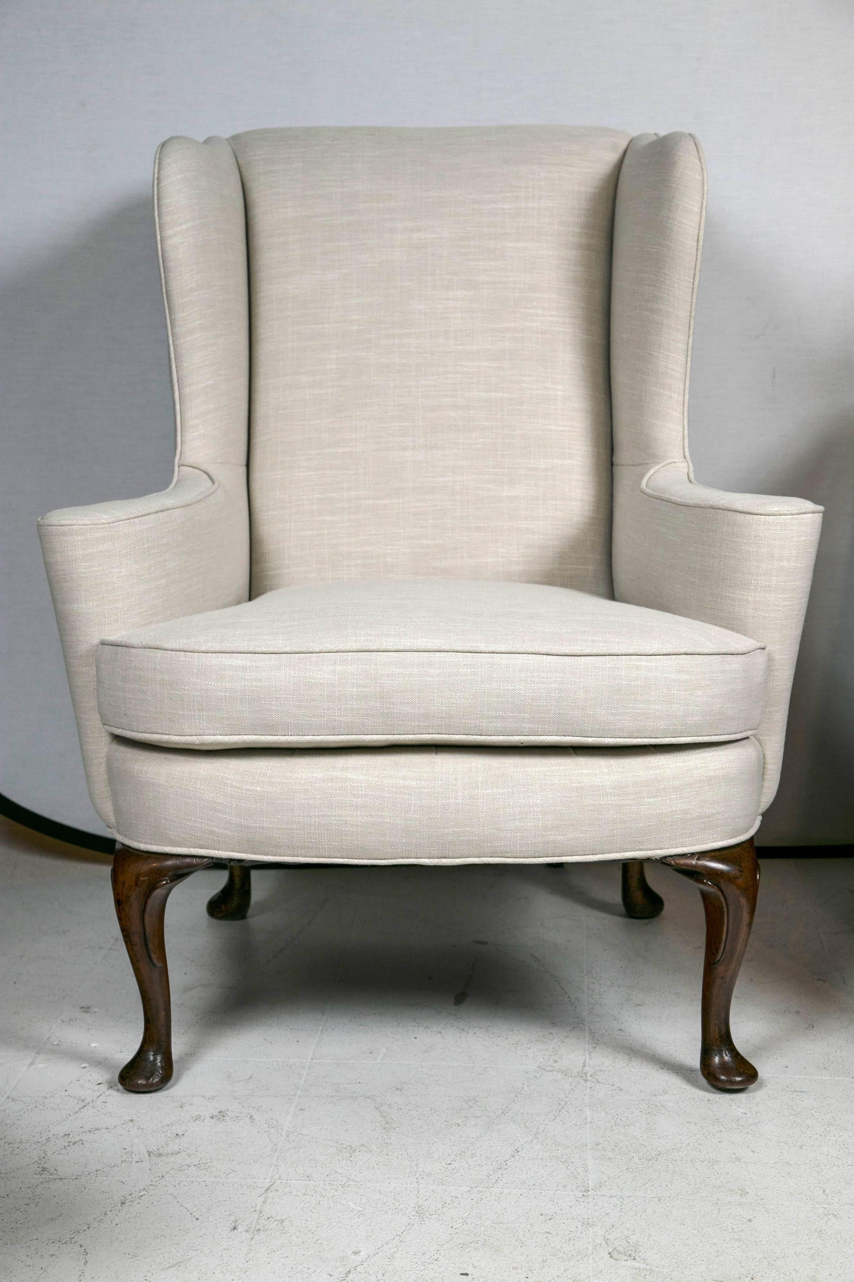 Linen Wing Chair   In Excellent Condition For Sale In Stamford, CT